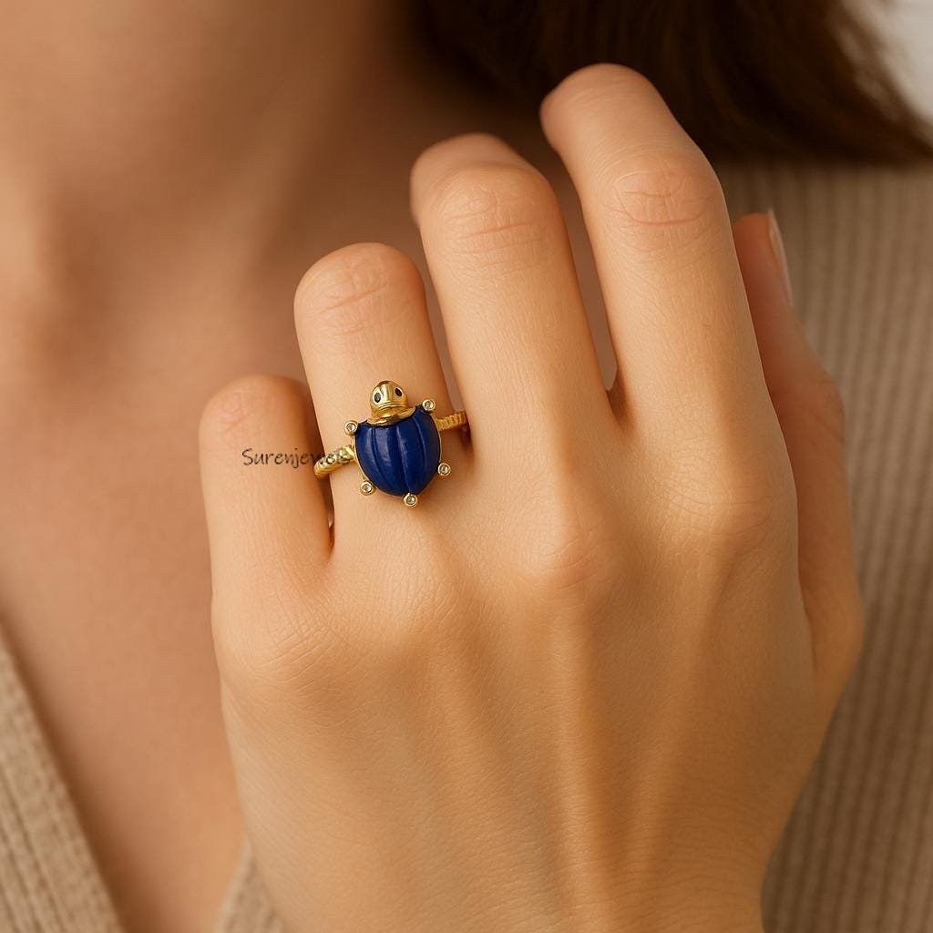 Carved Lapis Lazuli Turtle Ring, Gold Statement Animal Ring for Women, Handmade Blue Gemstone Sea Turtle Jewelry, Nature Insp Carved Lapis Lazuli Turtle Ring, Gold Statement Animal Ring for Women, Handmade Blue Gemstone Sea Turtle Jewelry, Nature Insp