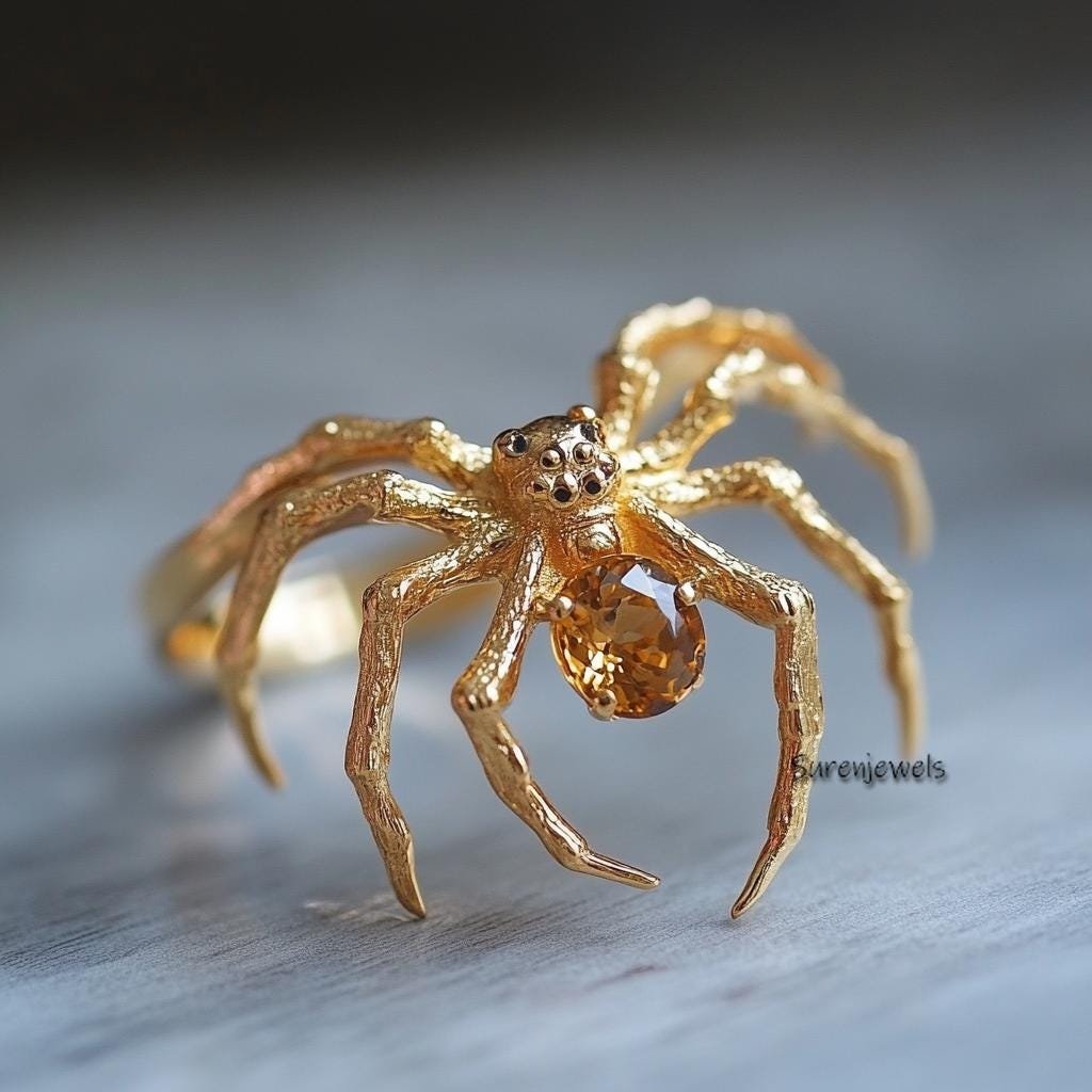 Citrine Spider Ring, Solid Gold Spider Jewelry, Nature Inspired Statement Ring, Creepy Cute Insect Ring, Bold Jewelry, Handma Citrine Spider Ring, Solid Gold Spider Jewelry, Nature Inspired Statement Ring, Creepy Cute Insect Ring, Bold Jewelry, Handma