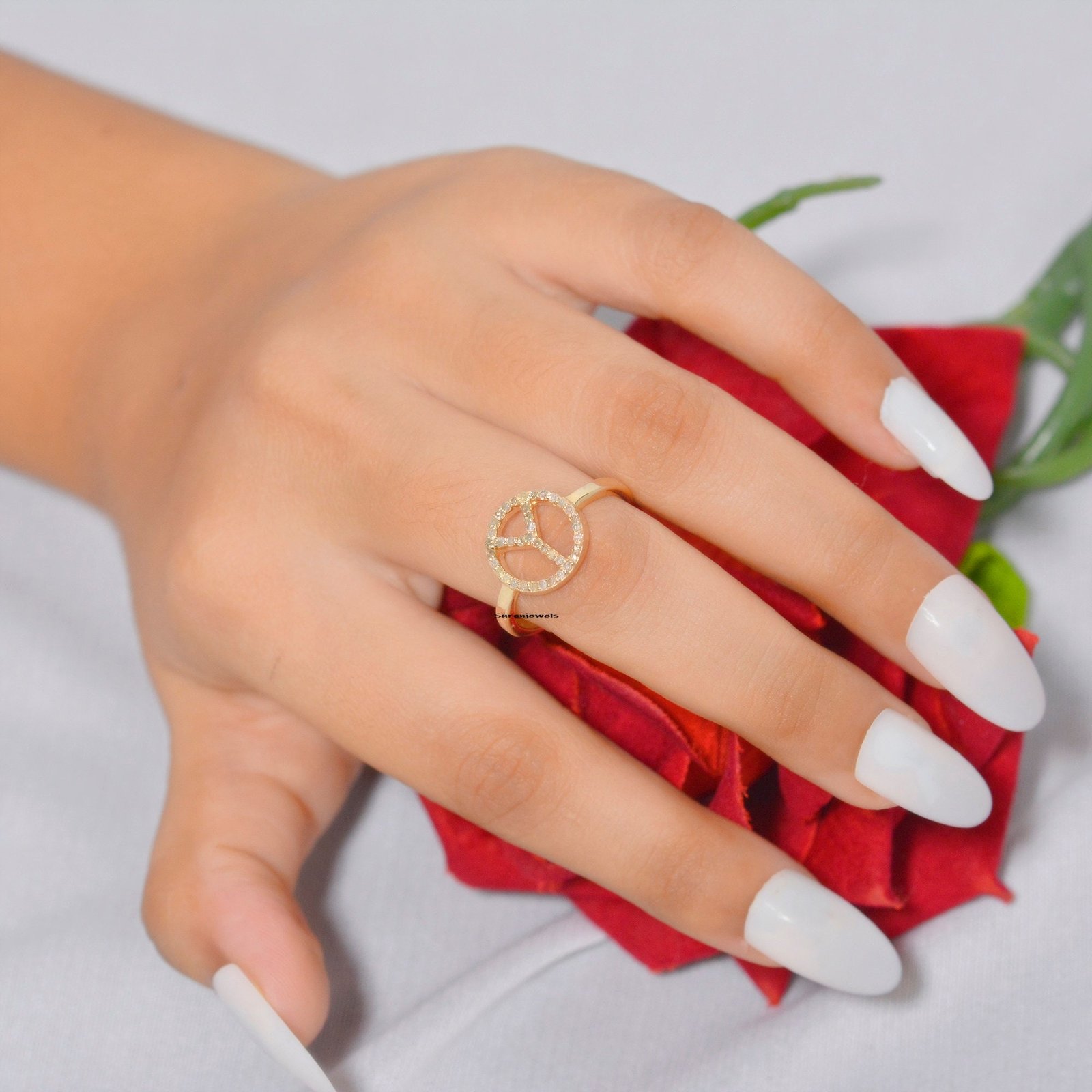Dainty Diamond Peace Sign Ring - Suren Jewels | SKU: SJR780-SLYGDI Dainty Diamond Peace Sign Ring - Suren Jewels | SKU: SJR780-SLYGDI