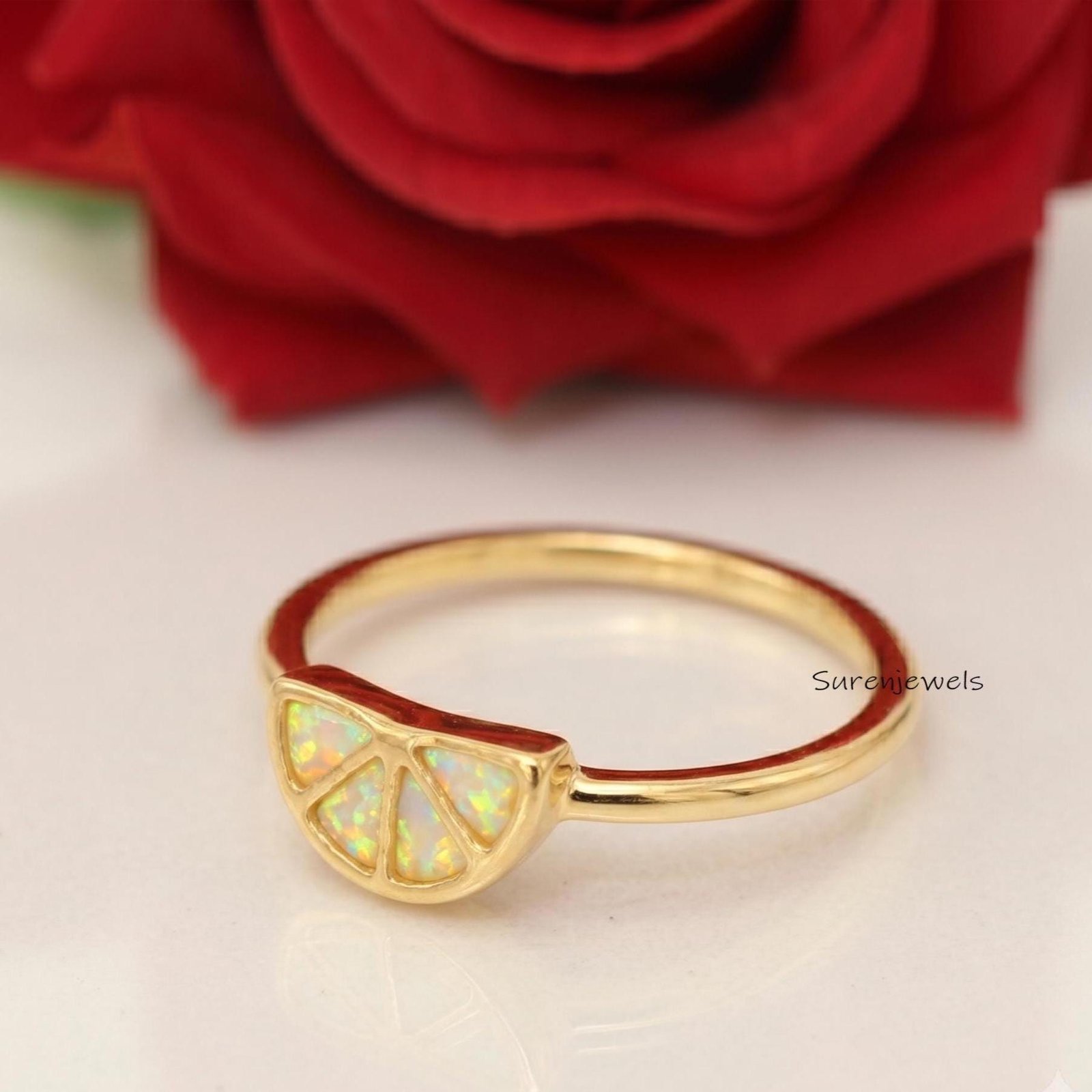 Dainty Lemon Slice Ring, Gold Plated Fruit Jewelry, Opal Citrus Ring, Minimalist Summer Ring, Boho Fruit Statement Ring, Gift Dainty Lemon Slice Ring, Gold Plated Fruit Jewelry, Opal Citrus Ring, Minimalist Summer Ring, Boho Fruit Statement Ring, Gift