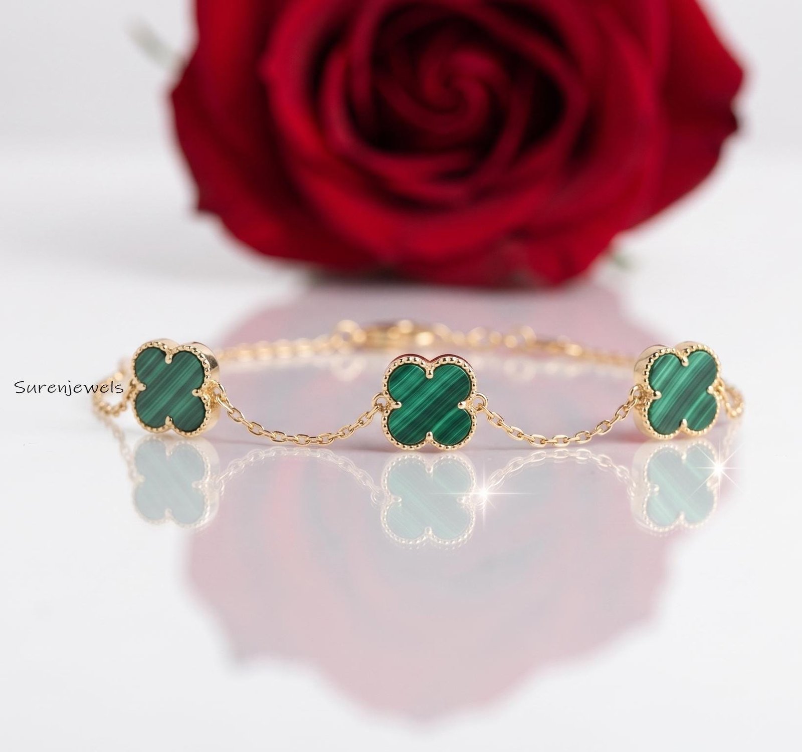 Dainty Malachite Clover Bracelet, 14K Gold Plated Four Leaf Clover Jewelry, Lucky Charm Bracelet, Minimalist Floral Bracelet, Dainty Malachite Clover Bracelet, 14K Gold Plated Four Leaf Clover Jewelry, Lucky Charm Bracelet, Minimalist Floral Bracelet,