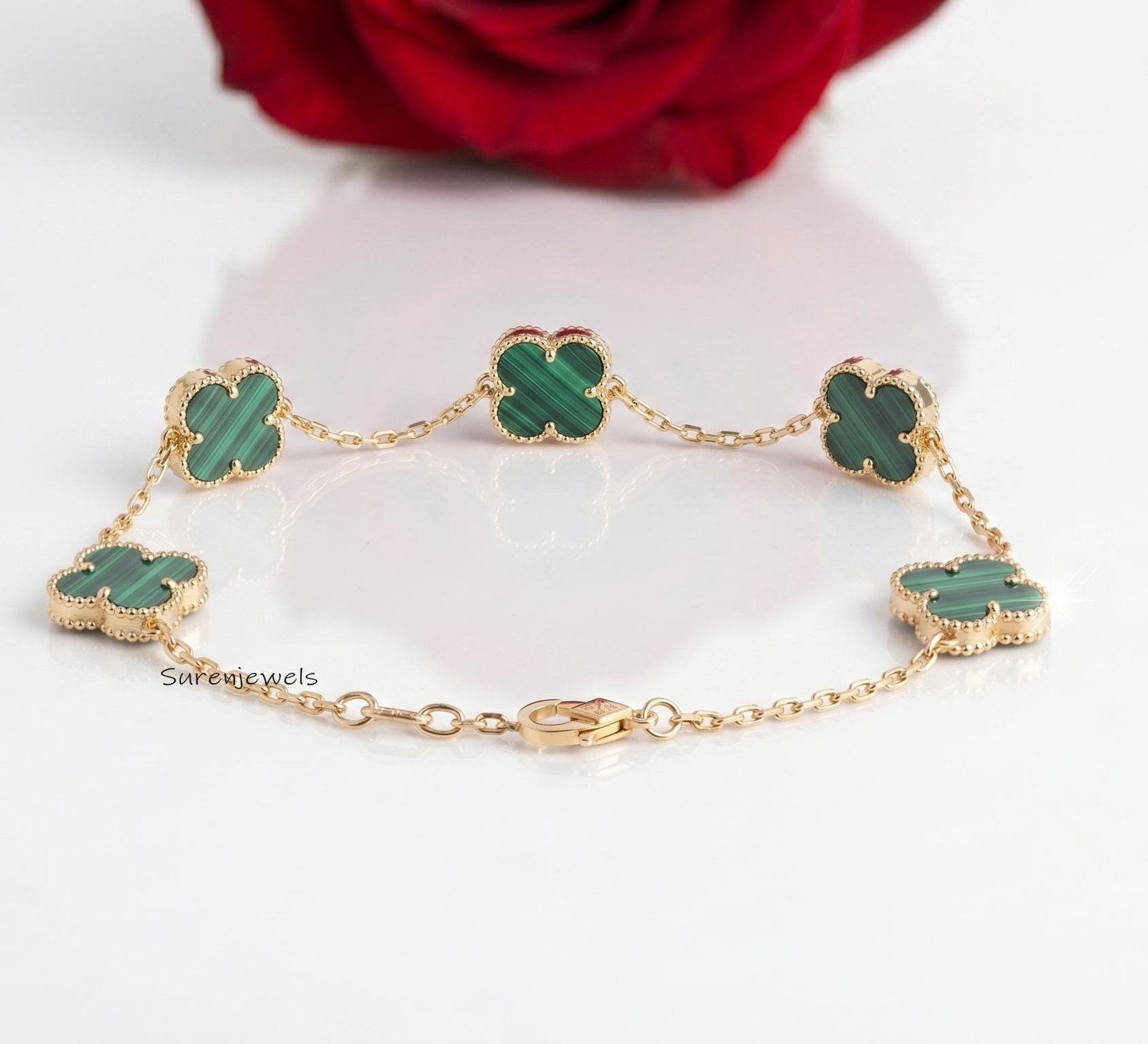 Dainty Malachite Clover Bracelet, 14K Gold Plated Four Leaf Clover Jewelry, Lucky Charm Bracelet, Minimalist Floral Bracelet, Dainty Malachite Clover Bracelet, 14K Gold Plated Four Leaf Clover Jewelry, Lucky Charm Bracelet, Minimalist Floral Bracelet,