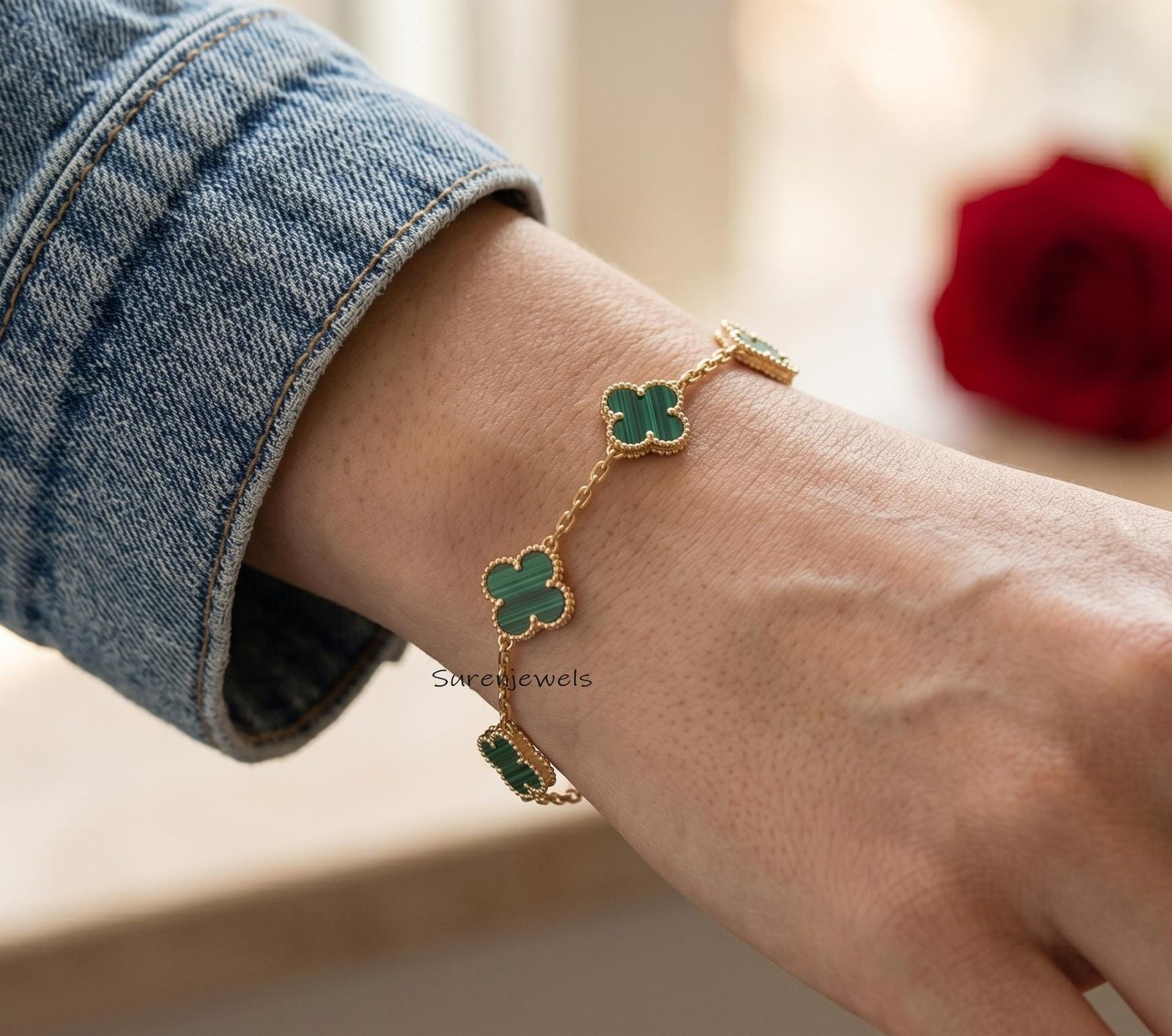 Dainty Malachite Clover Bracelet, 14K Gold Plated Four Leaf Clover Jewelry, Lucky Charm Bracelet, Minimalist Floral Bracelet, Dainty Malachite Clover Bracelet, 14K Gold Plated Four Leaf Clover Jewelry, Lucky Charm Bracelet, Minimalist Floral Bracelet,