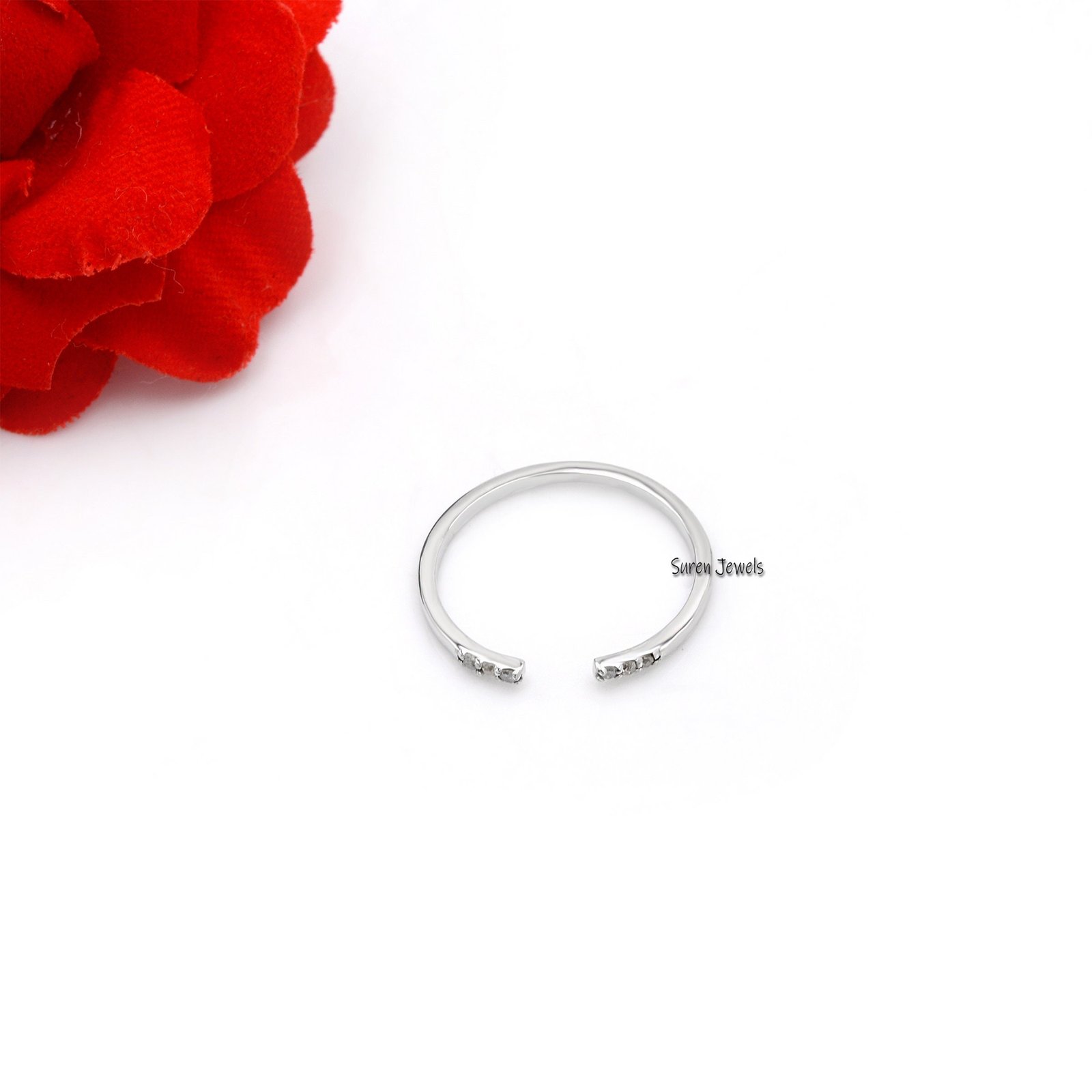 Dainty Moissanite Diamond Open Ring: Handmade Cuff Wedding Band - View 2 - Suren Jewels | SKU: SJR716-SLWGDI Dainty Moissanite Diamond Open Ring: Handmade Cuff Wedding Band - View 2 - Suren Jewels | SKU: SJR716-SLWGDI