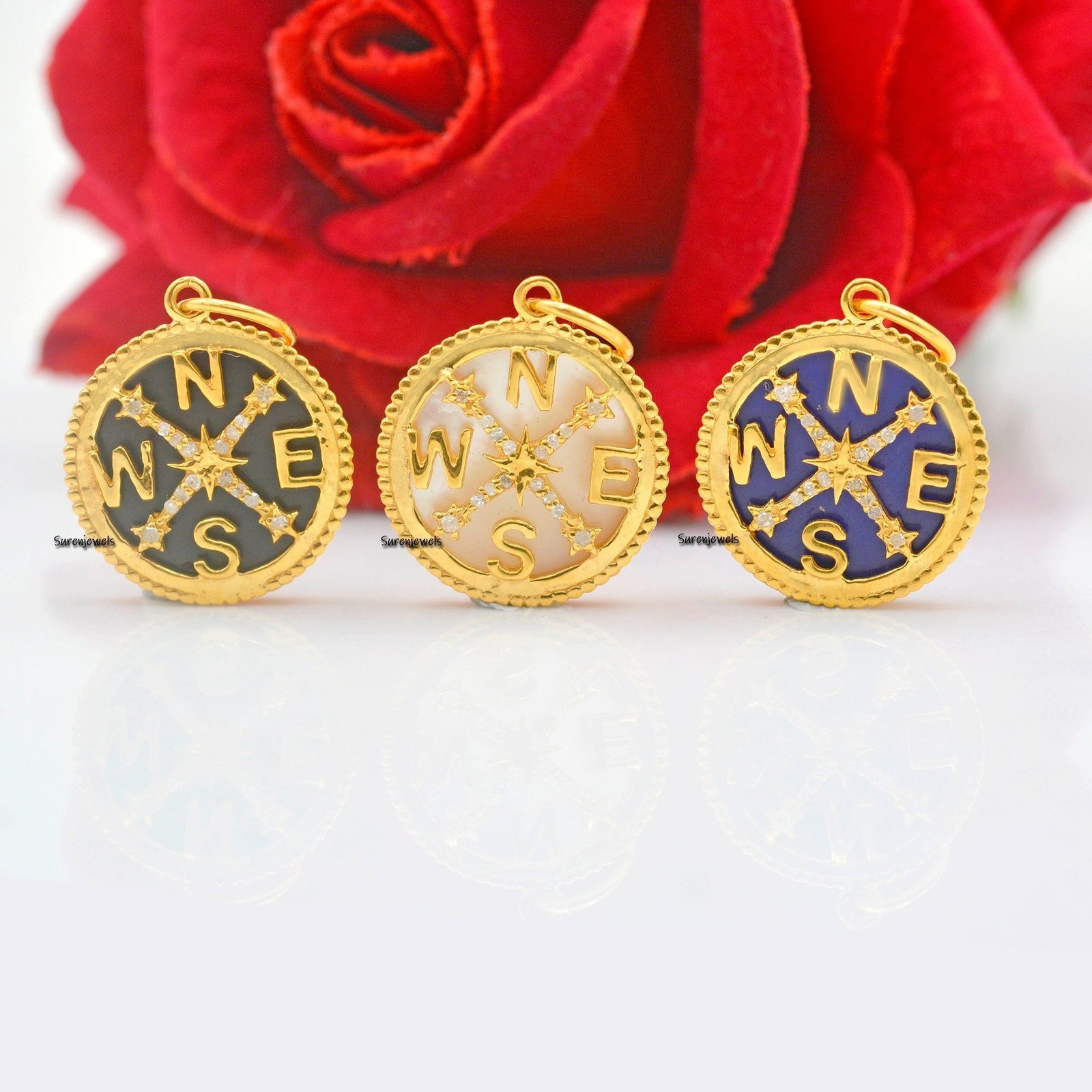 Diamond Compass Pendant: Pave 14k Gold Lapis Gemstone - Suren Jewels | SKU: SJP1075-SLNSMKWT-BMC Diamond Compass Pendant: Pave 14k Gold Lapis Gemstone - Suren Jewels | SKU: SJP1075-SLNSMKWT-BMC