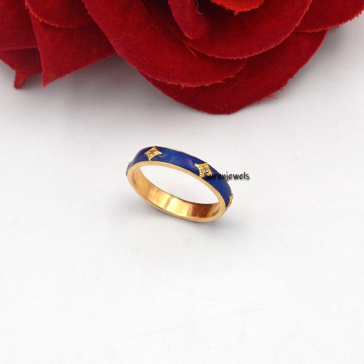 Diamond & Enamel 925 Sterling Silver Stacking Ring - Suren Jewels | SKU: SJR632-SLYGDIELB Diamond & Enamel 925 Sterling Silver Stacking Ring - Suren Jewels | SKU: SJR632-SLYGDIELB