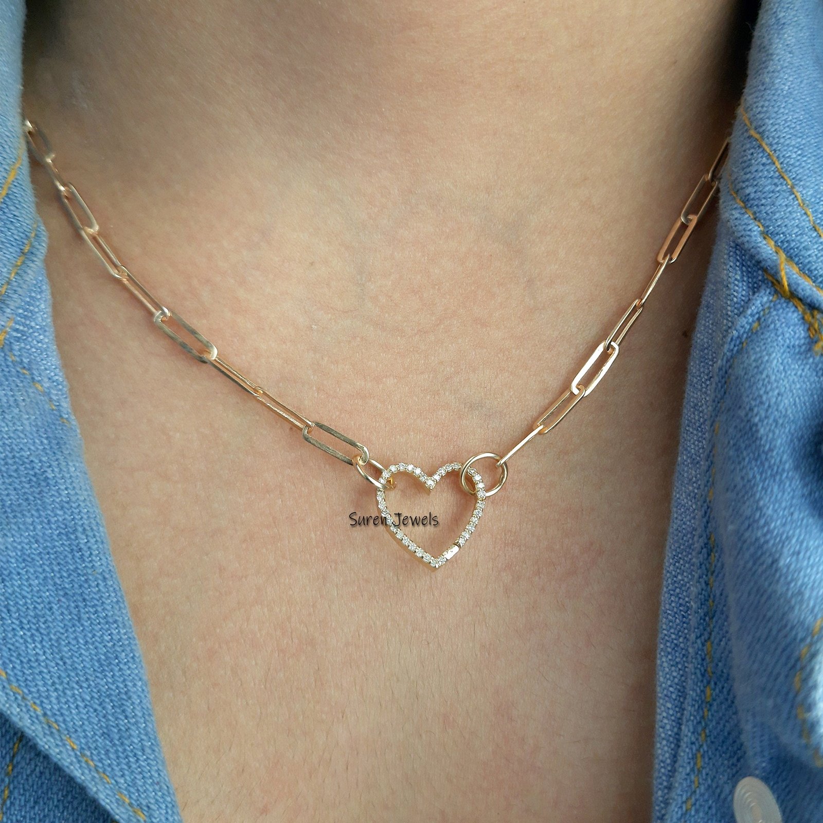 Diamond Heart 14K Gold Charm Enhancer: Thick Link Pendant (15mm) - View 5 - Suren Jewels | SKU: SJP536-14KYGDI-N47-18I Diamond Heart 14K Gold Charm Enhancer: Thick Link Pendant (15mm) - View 5 - Suren Jewels | SKU: SJP536-14KYGDI-N47-18I