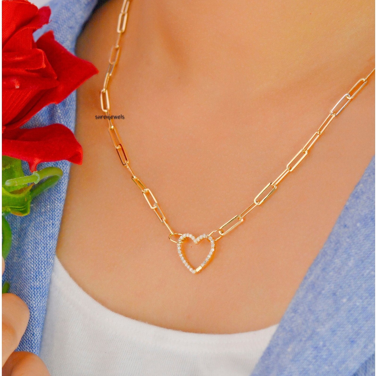 Diamond Heart Charm Enhancer: Gold Thick Link Holder - Suren Jewels | SKU: SJP536-SLYGDI-N47-18I Diamond Heart Charm Enhancer: Gold Thick Link Holder - Suren Jewels | SKU: SJP536-SLYGDI-N47-18I