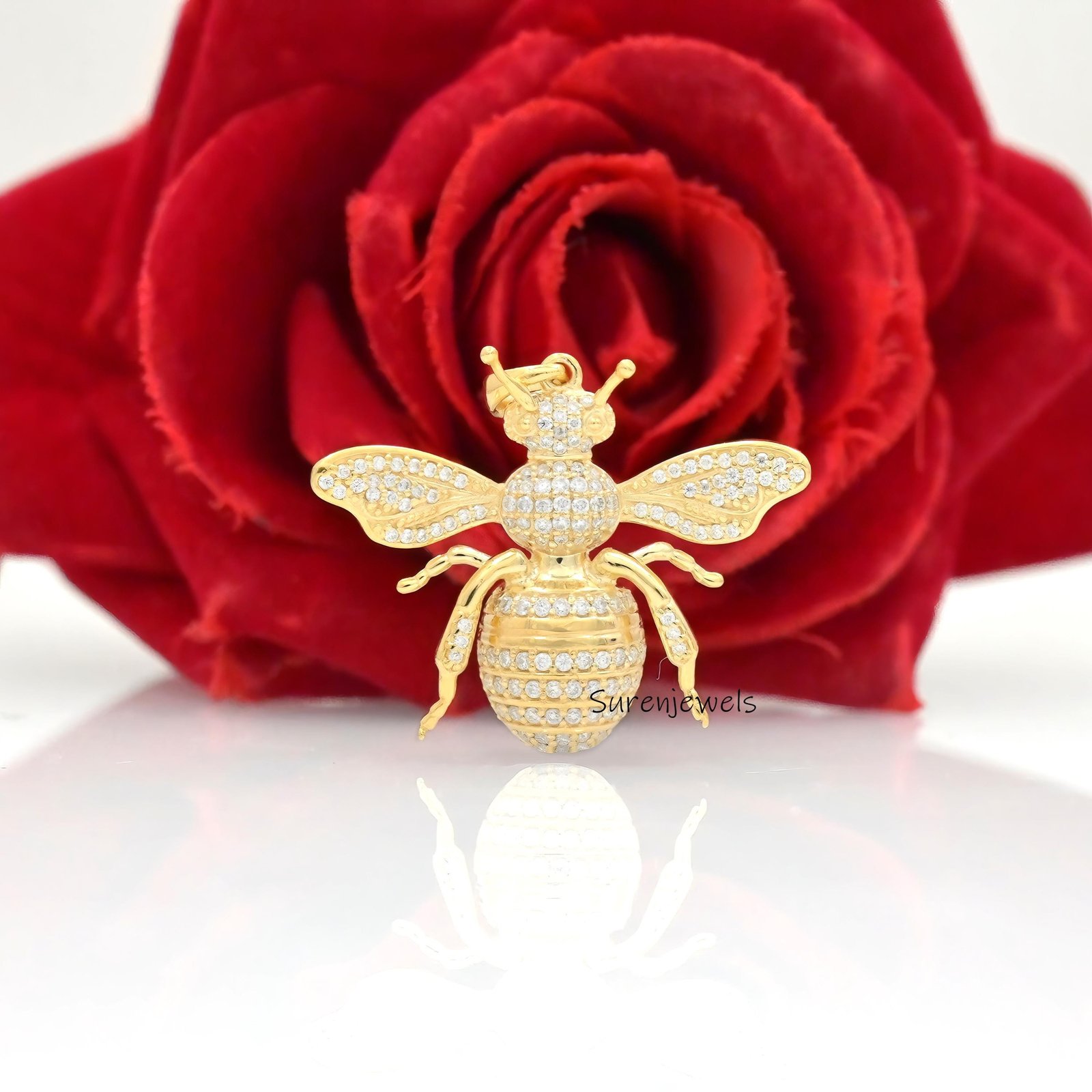 Diamond Honey Bee Pendant: 925 Silver Gemstone Bee (30 mm) - View 2 - Suren Jewels | SKU: SJP4682-SLYGMN-25M,SJP5573-SLYGCZ-3 Diamond Honey Bee Pendant: 925 Silver Gemstone Bee (30 mm) - View 2 - Suren Jewels | SKU: SJP4682-SLYGMN-25M,SJP5573-SLYGCZ-3