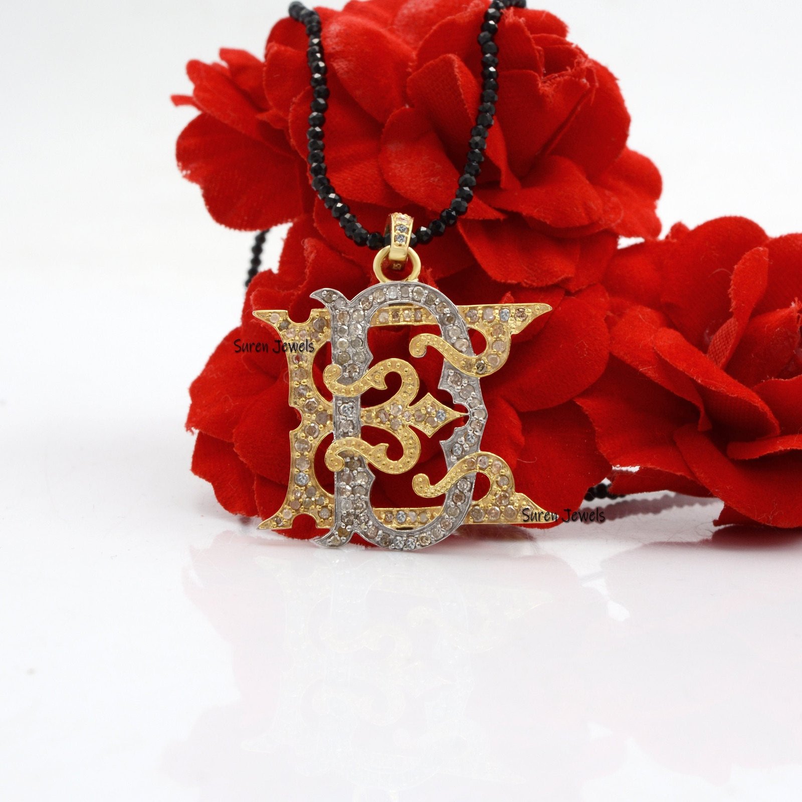 Diamond Monogram Pendant: Two-Tone 925 Silver Pave Initial - Suren Jewels | SKU: SJP540-SLYGWGDI-SW Diamond Monogram Pendant: Two-Tone 925 Silver Pave Initial - Suren Jewels | SKU: SJP540-SLYGWGDI-SW