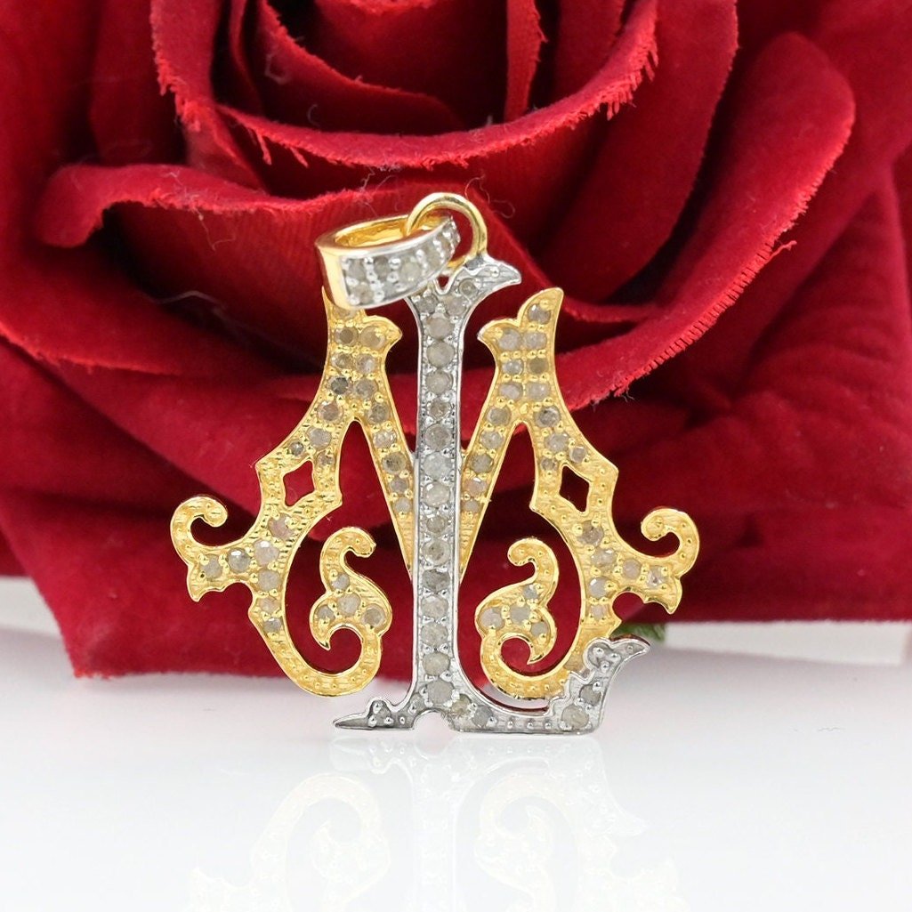 Diamond Monogram Pendant: Two-Tone 925 Silver Pave Initial - View 2 - Suren Jewels | SKU: SJP540-SLYGWGDI-SW Diamond Monogram Pendant: Two-Tone 925 Silver Pave Initial - View 2 - Suren Jewels | SKU: SJP540-SLYGWGDI-SW