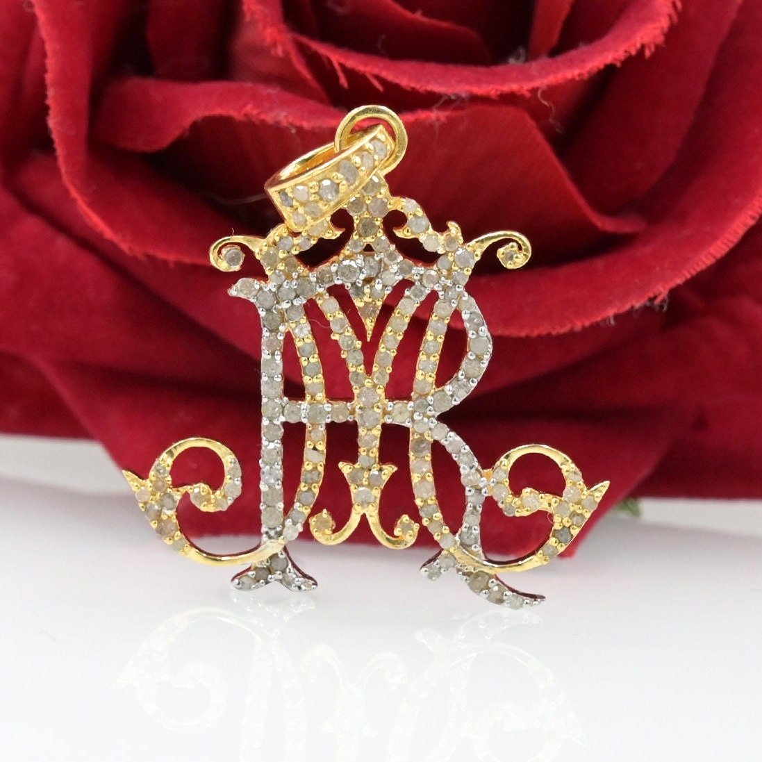 Diamond Monogram Pendant: Two-Tone 925 Silver Pave Initial - View 3 - Suren Jewels | SKU: SJP540-SLYGWGDI-SW Diamond Monogram Pendant: Two-Tone 925 Silver Pave Initial - View 3 - Suren Jewels | SKU: SJP540-SLYGWGDI-SW