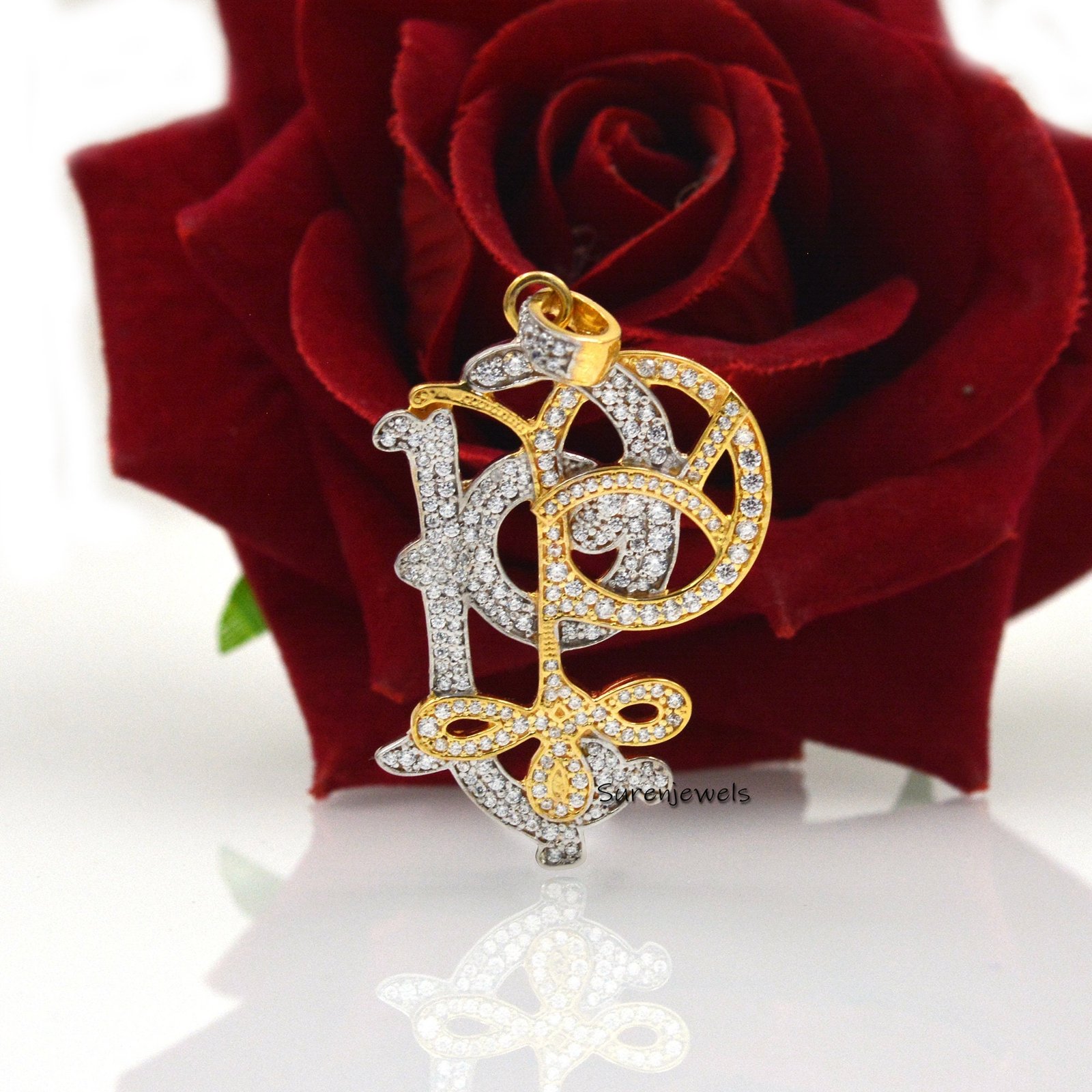Diamond Monogram Pendant: Two-Tone 925 Silver Pave Initial - View 4 - Suren Jewels | SKU: SJP540-SLYGWGDI-SW Diamond Monogram Pendant: Two-Tone 925 Silver Pave Initial - View 4 - Suren Jewels | SKU: SJP540-SLYGWGDI-SW