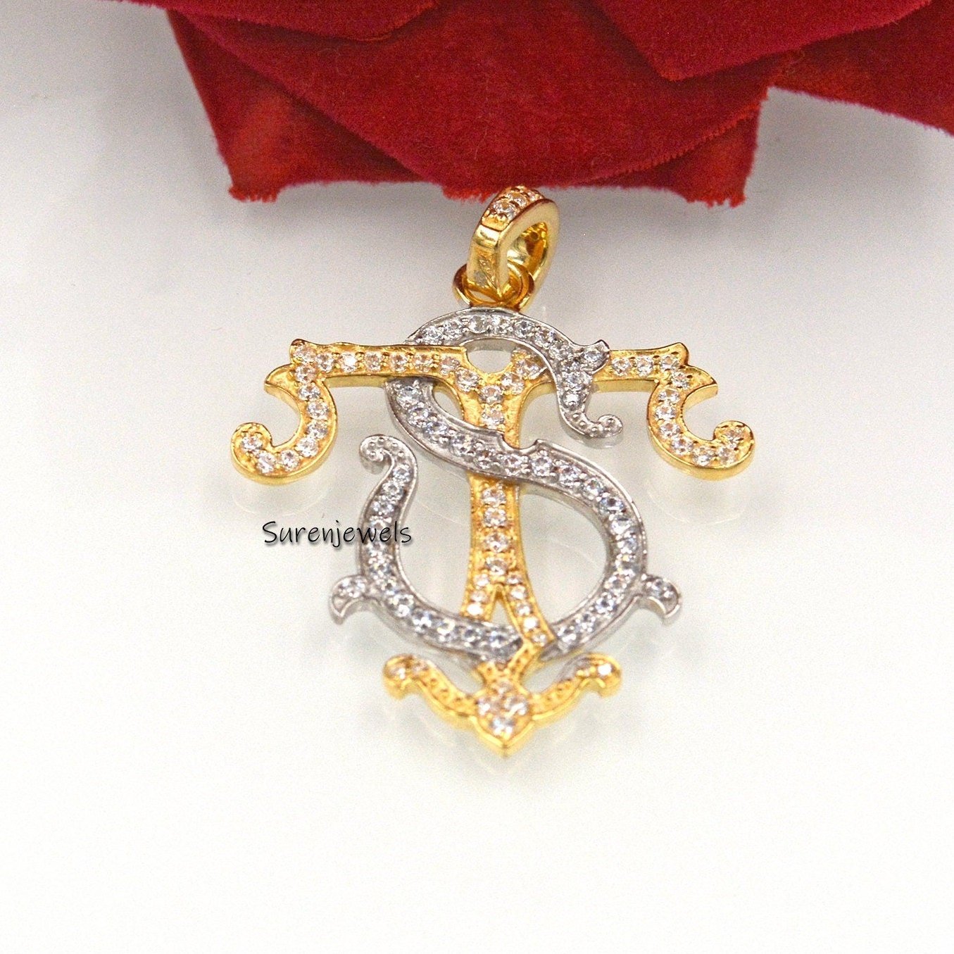 Diamond Monogram Pendant: Two-Tone 925 Silver Pave Initial - View 5 - Suren Jewels | SKU: SJP540-SLYGWGDI-SW Diamond Monogram Pendant: Two-Tone 925 Silver Pave Initial - View 5 - Suren Jewels | SKU: SJP540-SLYGWGDI-SW