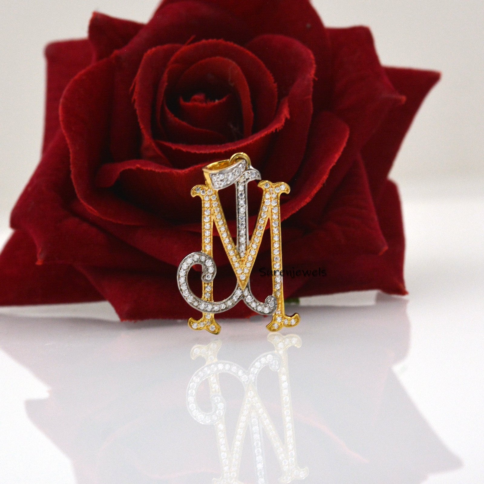 Diamond Monogram Pendant: Two-Tone 925 Silver Pave Initial - View 6 - Suren Jewels | SKU: SJP540-SLYGWGDI-SW Diamond Monogram Pendant: Two-Tone 925 Silver Pave Initial - View 6 - Suren Jewels | SKU: SJP540-SLYGWGDI-SW