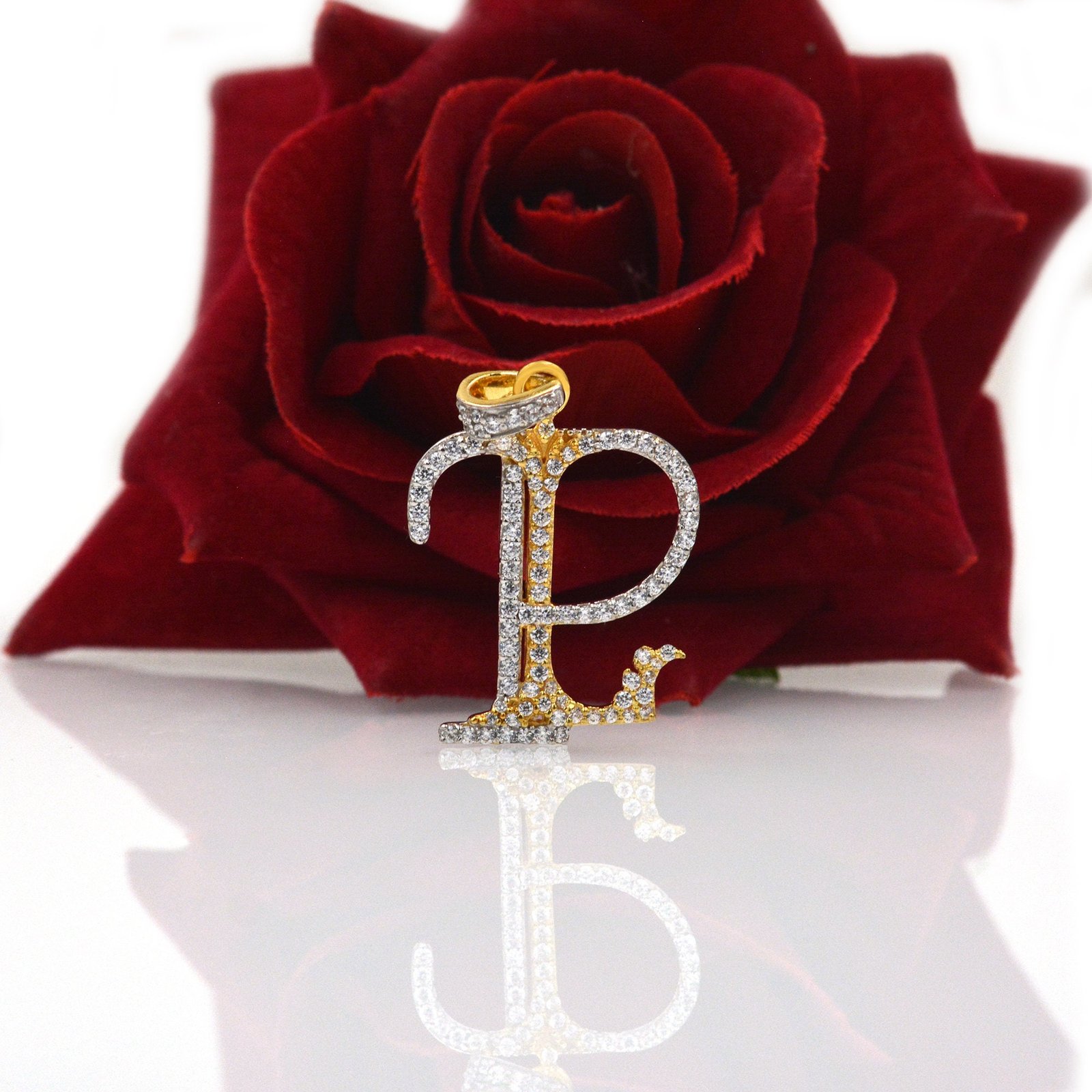 Diamond Monogram Pendant: Two-Tone 925 Silver Pave Initial - View 7 - Suren Jewels | SKU: SJP540-SLYGWGDI-SW Diamond Monogram Pendant: Two-Tone 925 Silver Pave Initial - View 7 - Suren Jewels | SKU: SJP540-SLYGWGDI-SW