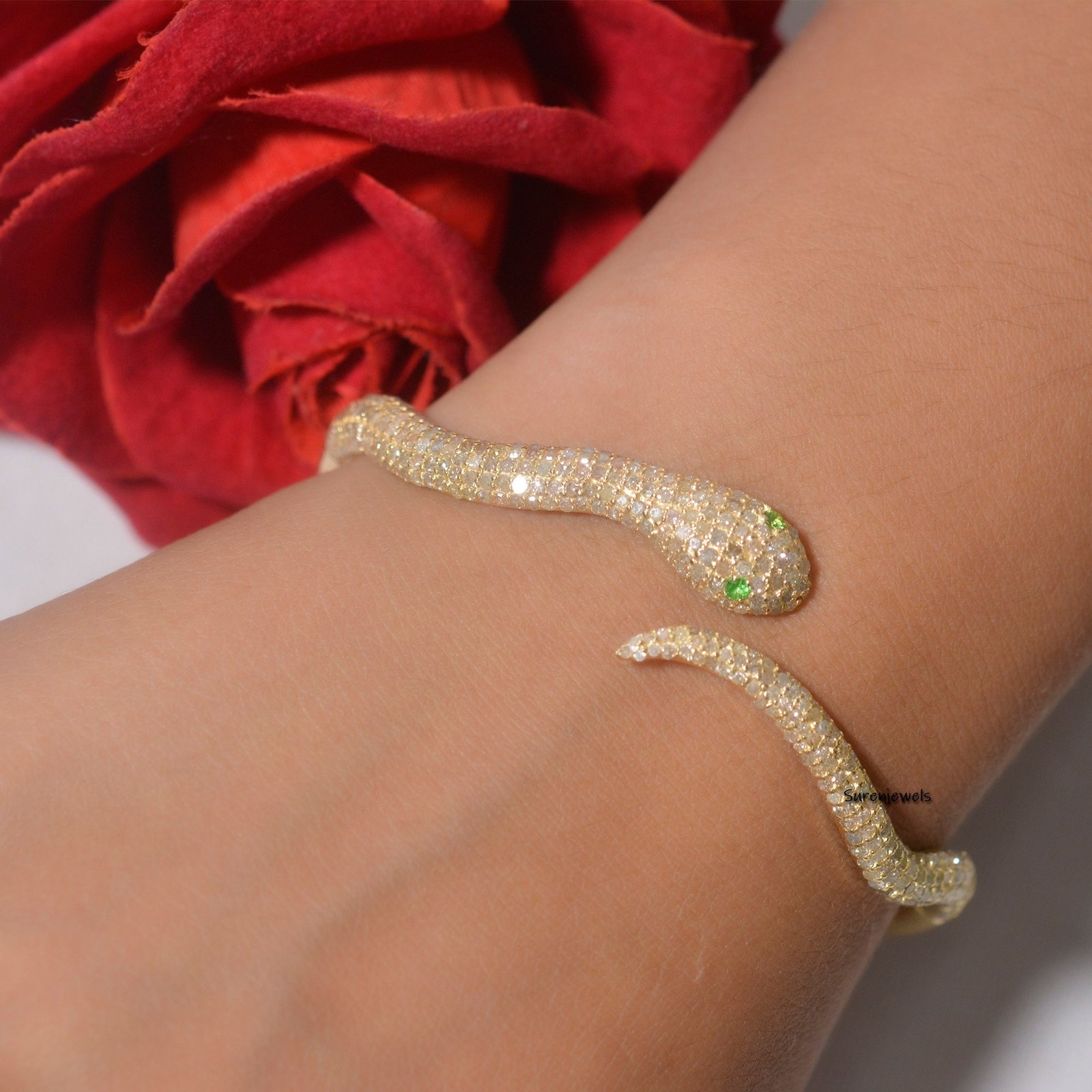 Diamond Snake Bangle, Natural Pave Diamonds, Emerald Eyes, Silver - View 2 - Suren Jewels | SKU: SJB69-SLYGDITS-8I Diamond Snake Bangle, Natural Pave Diamonds, Emerald Eyes, Silver - View 2 - Suren Jewels | SKU: SJB69-SLYGDITS-8I