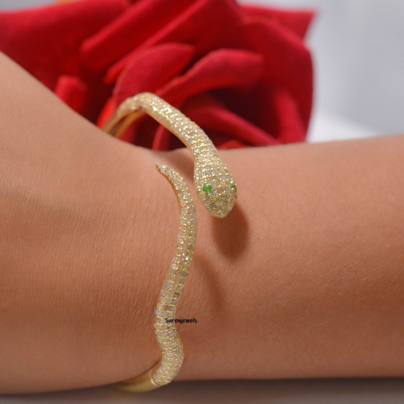 Diamond Snake Bangle, Natural Pave Diamonds, Emerald Eyes, Silver - View 3 - Suren Jewels | SKU: SJB69-SLYGDITS-8I Diamond Snake Bangle, Natural Pave Diamonds, Emerald Eyes, Silver - View 3 - Suren Jewels | SKU: SJB69-SLYGDITS-8I