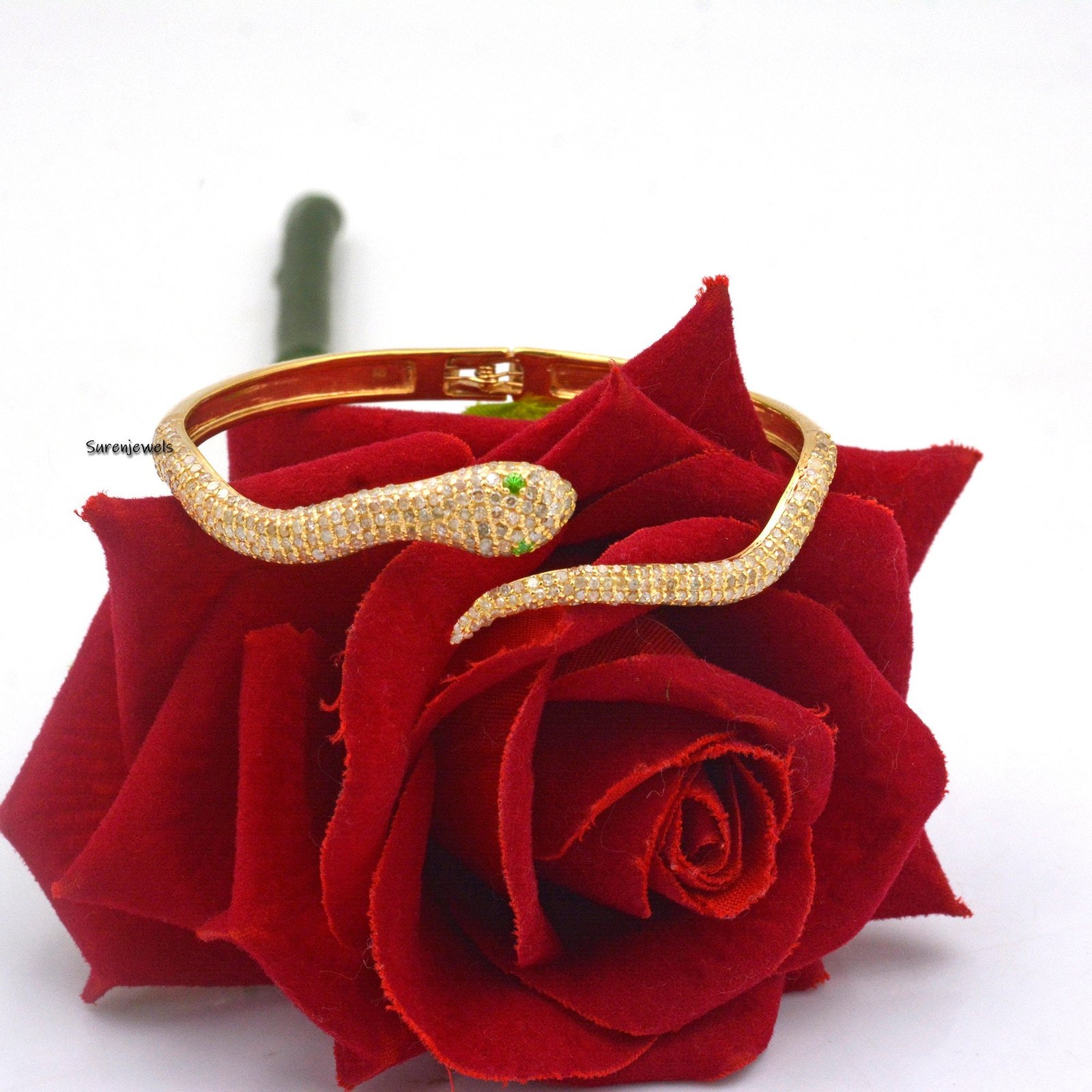 Diamond Snake Bangle, Natural Pave Diamonds, Emerald Eyes, Silver - View 4 - Suren Jewels | SKU: SJB69-SLYGDITS-8I Diamond Snake Bangle, Natural Pave Diamonds, Emerald Eyes, Silver - View 4 - Suren Jewels | SKU: SJB69-SLYGDITS-8I