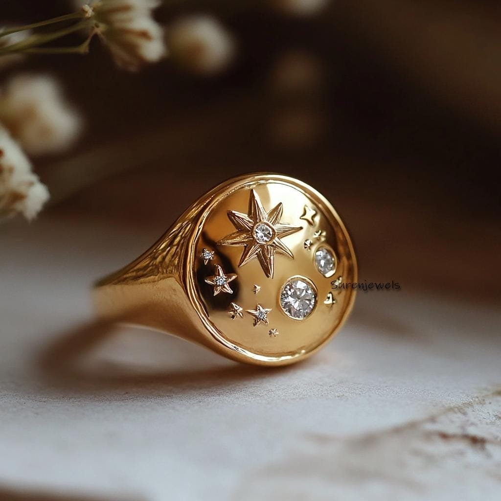 Diamond Starburst Signet Ring: 925 Silver Celestial Jewelry - Suren Jewels | SKU: SJR2741-SLYGMN-US-7 Diamond Starburst Signet Ring: 925 Silver Celestial Jewelry - Suren Jewels | SKU: SJR2741-SLYGMN-US-7