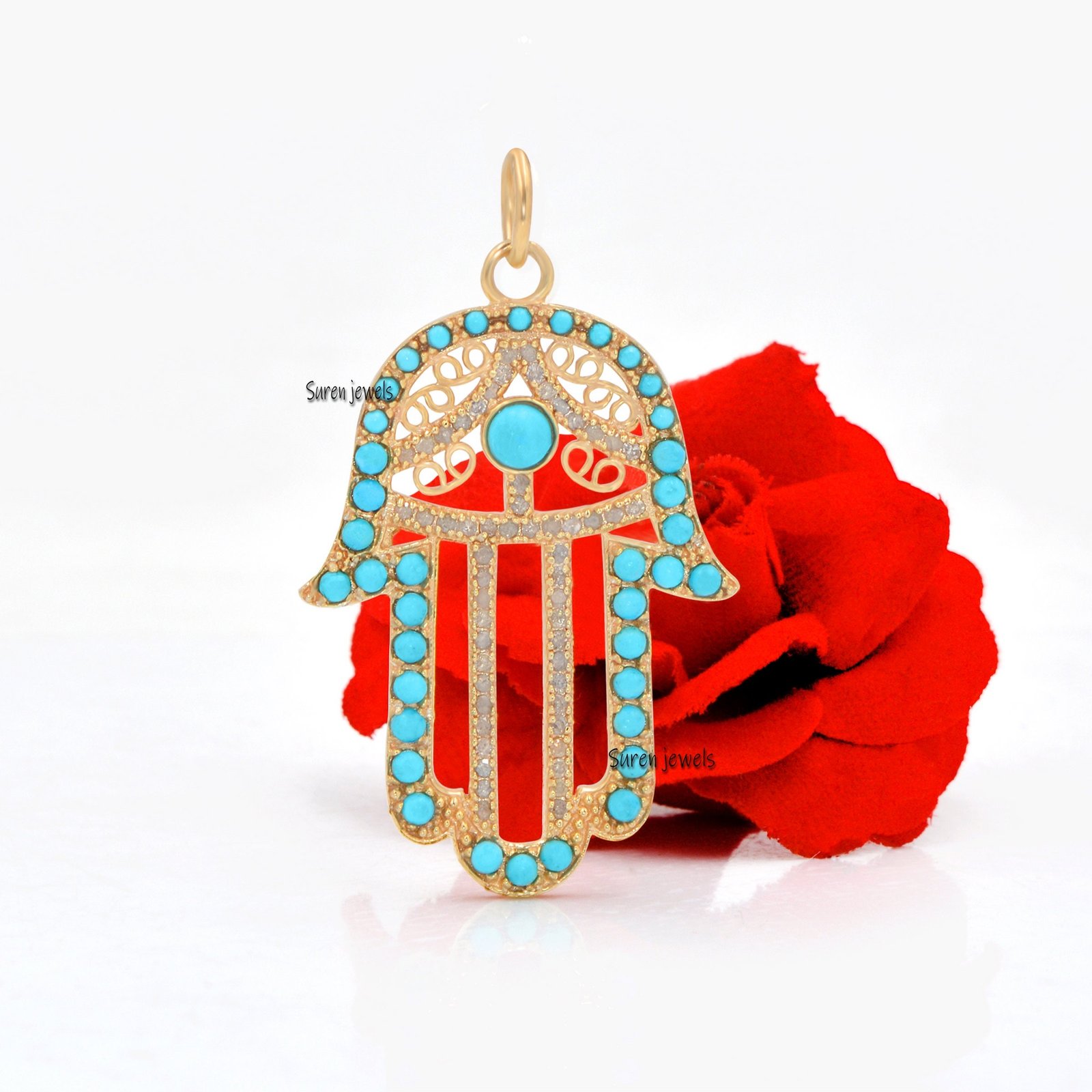 Diamond & Turquoise Hamsa Pendant: Lucky Hand Protection - Suren Jewels | SKU: SJP559-SLYGDITQ Diamond & Turquoise Hamsa Pendant: Lucky Hand Protection - Suren Jewels | SKU: SJP559-SLYGDITQ