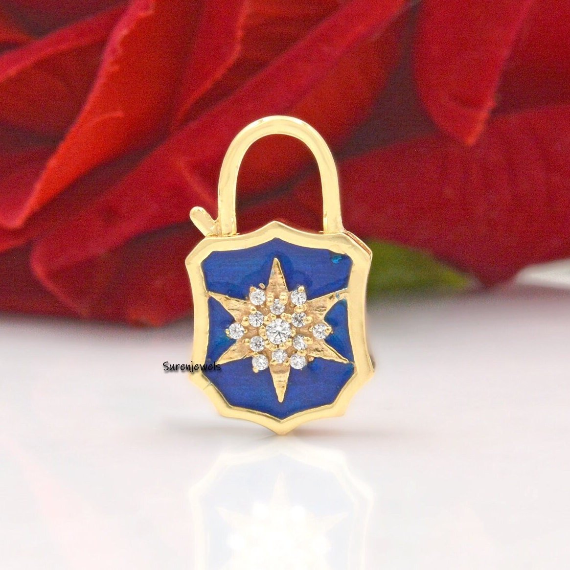 Enamel Starburst 925 Silver Padlock Pendant: Cubic Zircon Gemstone - View 2 - Suren Jewels | SKU: SJP499-SLRGELBCZ-N47-18 Enamel Starburst 925 Silver Padlock Pendant: Cubic Zircon Gemstone - View 2 - Suren Jewels | SKU: SJP499-SLRGELBCZ-N47-18