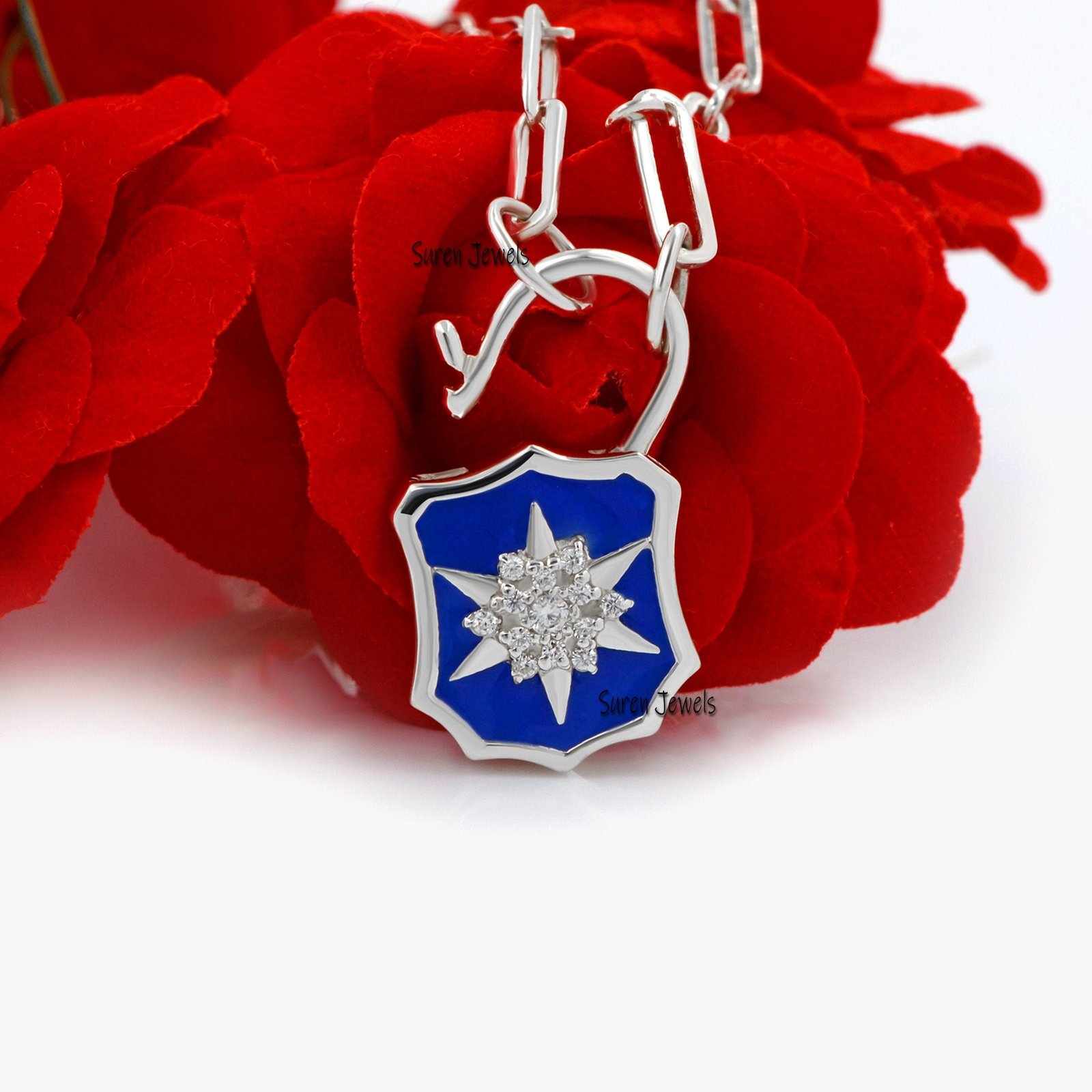 Enamel Starburst 925 Silver Padlock Pendant: Cubic Zircon Gemstone - View 3 - Suren Jewels | SKU: SJP499-SLRGELBCZ-N47-18 Enamel Starburst 925 Silver Padlock Pendant: Cubic Zircon Gemstone - View 3 - Suren Jewels | SKU: SJP499-SLRGELBCZ-N47-18