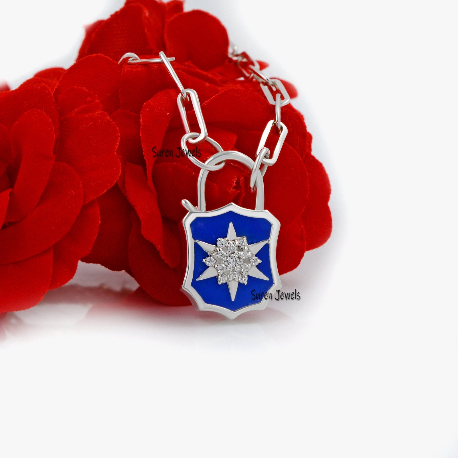 Enamel Starburst 925 Silver Padlock Pendant: Cubic Zircon Gemstone - View 4 - Suren Jewels | SKU: SJP499-SLRGELBCZ-N47-18 Enamel Starburst 925 Silver Padlock Pendant: Cubic Zircon Gemstone - View 4 - Suren Jewels | SKU: SJP499-SLRGELBCZ-N47-18