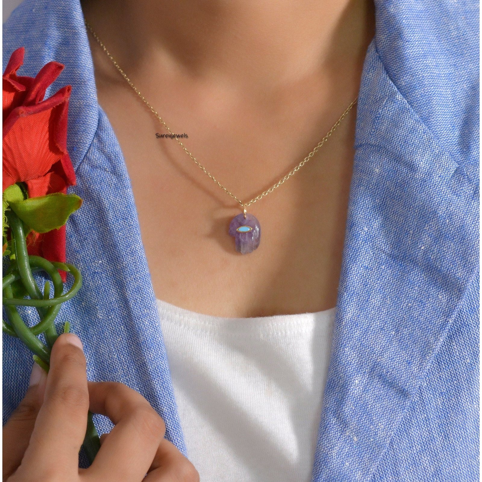Gemstone Figa Hand Pendant: 14k Gold Healer Charm - View 7 - Suren Jewels | SKU: SJP1047-SLYGAMPSP-15M Gemstone Figa Hand Pendant: 14k Gold Healer Charm - View 7 - Suren Jewels | SKU: SJP1047-SLYGAMPSP-15M
