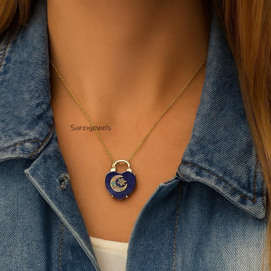 Gold Celestial Heart Locket Necklace, Navy Blue Enamel Heart Pendant, Moon and Star Jewelry, Gift for Her, Celestial Layering Gold Celestial Heart Locket Necklace, Navy Blue Enamel Heart Pendant, Moon and Star Jewelry, Gift for Her, Celestial Layering