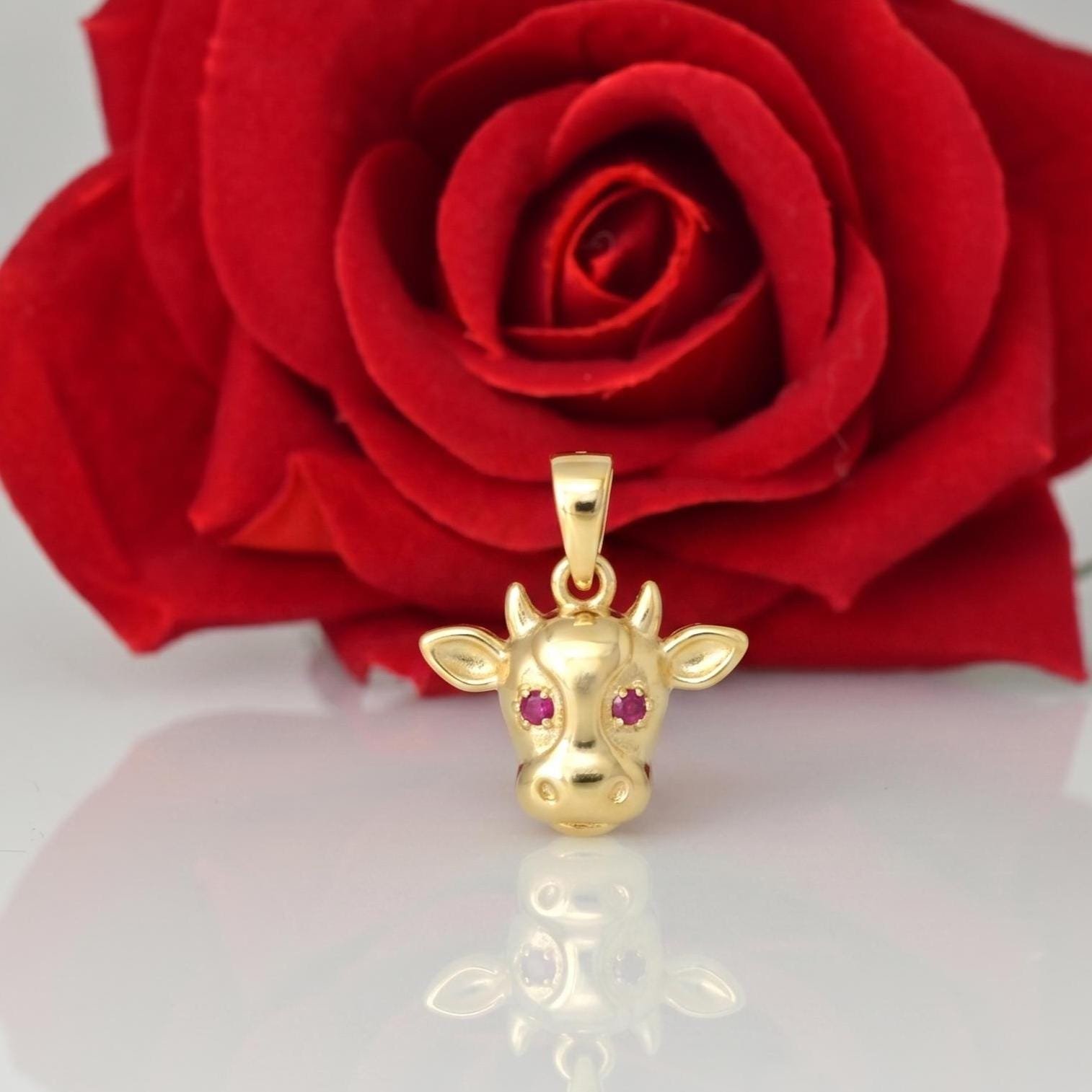 Gold Cow Pendant, Ruby Eye Cow Necklace, Farm Animal Jewelry, Cute Cow Charm, Animal Lover Gift for Her - Suren Jewels | SKU: Gold Cow Pendant, Ruby Eye Cow Necklace, Farm Animal Jewelry, Cute Cow Charm, Animal Lover Gift for Her - Suren Jewels | SKU: