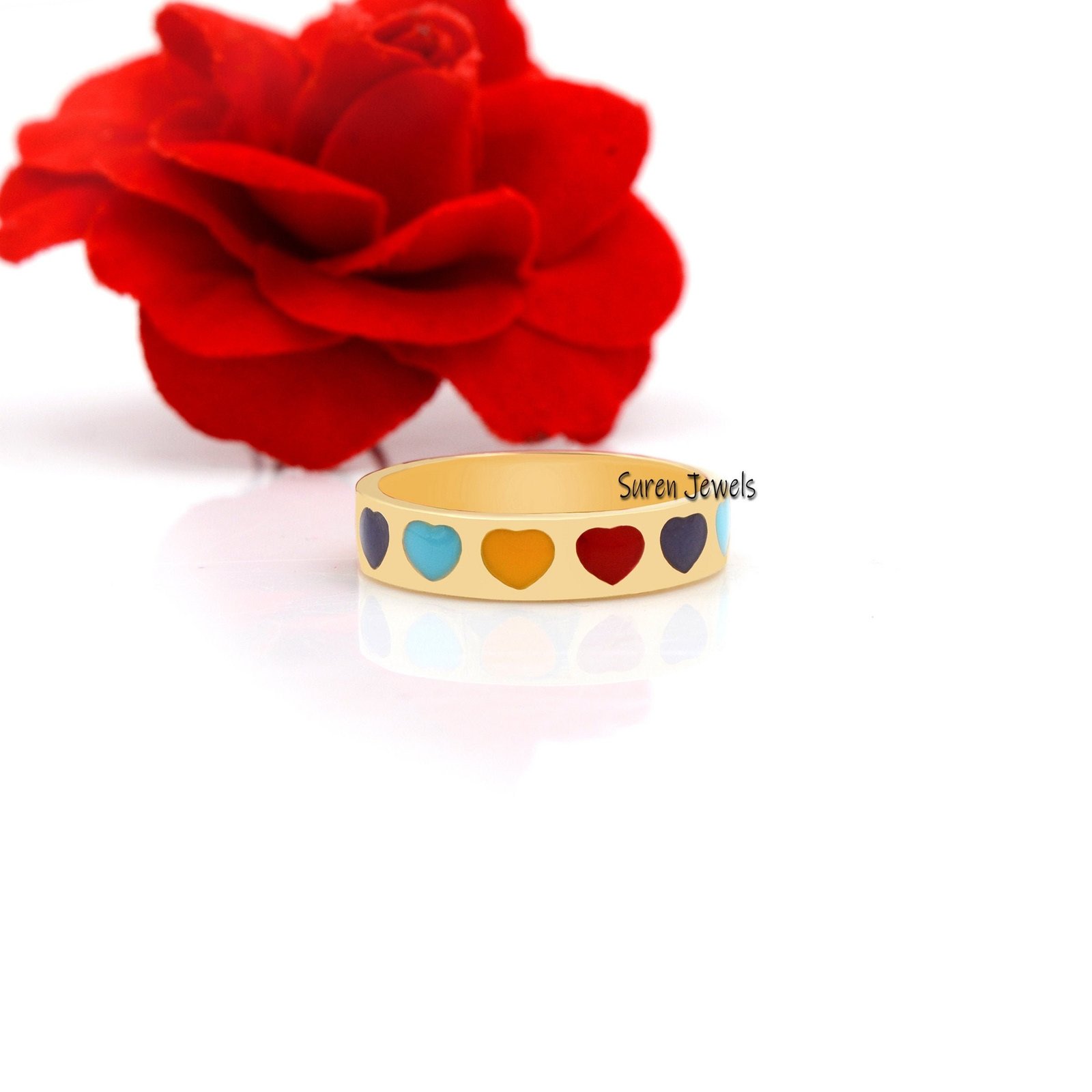 Gold Enamel Heart Ring: Multi Color Band - Suren Jewels | SKU: MJR688-SLYGELMT Gold Enamel Heart Ring: Multi Color Band - Suren Jewels | SKU: MJR688-SLYGELMT