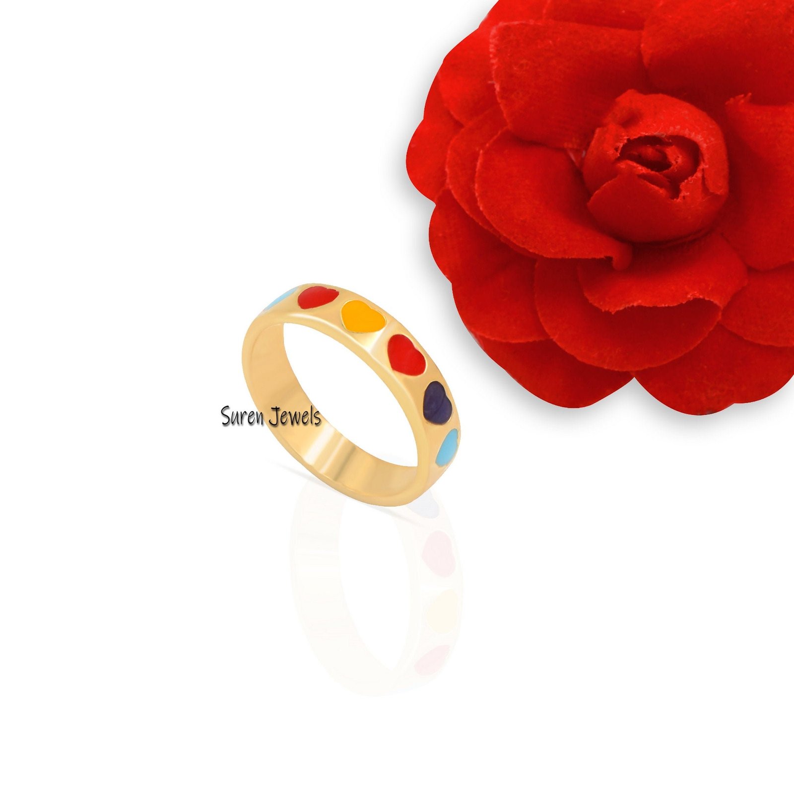 Gold Enamel Heart Ring: Multi Color Band - View 2 - Suren Jewels | SKU: MJR688-SLYGELMT Gold Enamel Heart Ring: Multi Color Band - View 2 - Suren Jewels | SKU: MJR688-SLYGELMT