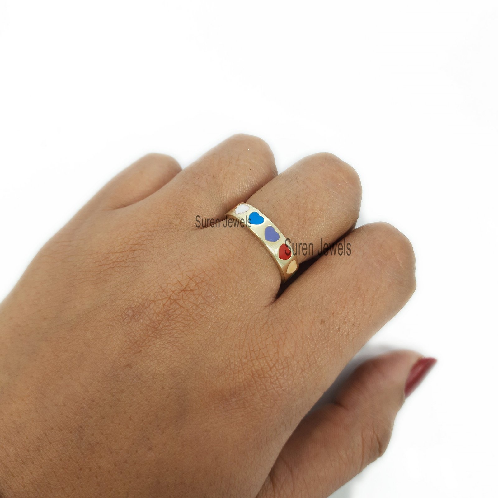 Gold Enamel Heart Ring: Multi Color Band - View 4 - Suren Jewels | SKU: MJR688-SLYGELMT Gold Enamel Heart Ring: Multi Color Band - View 4 - Suren Jewels | SKU: MJR688-SLYGELMT