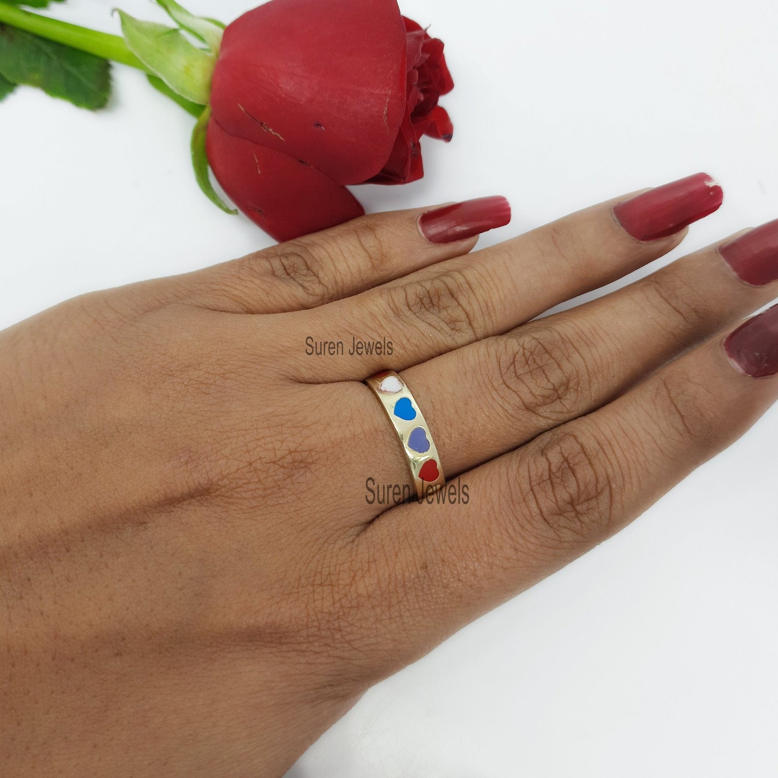 Gold Enamel Heart Ring: Multi Color Band - View 5 - Suren Jewels | SKU: MJR688-SLYGELMT Gold Enamel Heart Ring: Multi Color Band - View 5 - Suren Jewels | SKU: MJR688-SLYGELMT