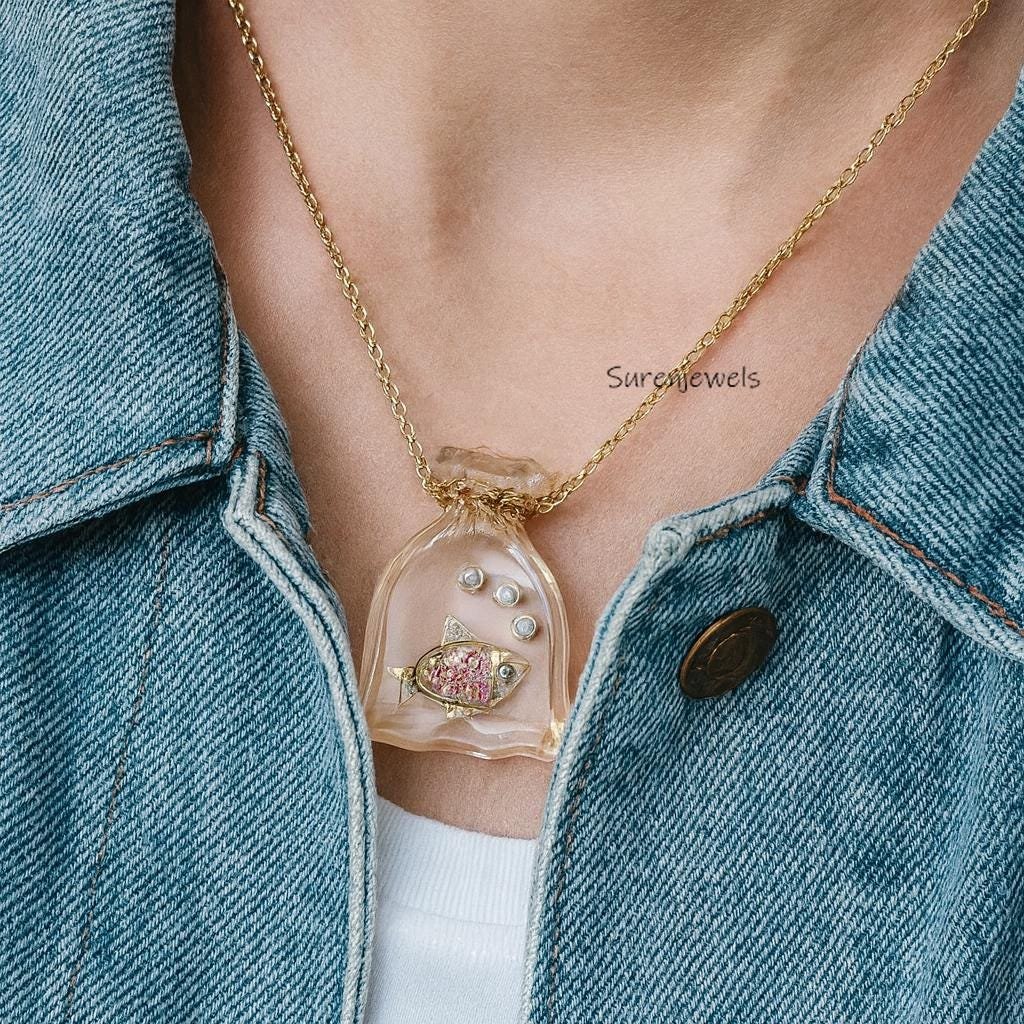 Gold Fish In A Bag Resin Necklace, Whimsical Aquarium Jewelry, Unique Statement Pendant, Funky Gold Fish Charm Necklace for H Gold Fish In A Bag Resin Necklace, Whimsical Aquarium Jewelry, Unique Statement Pendant, Funky Gold Fish Charm Necklace for H