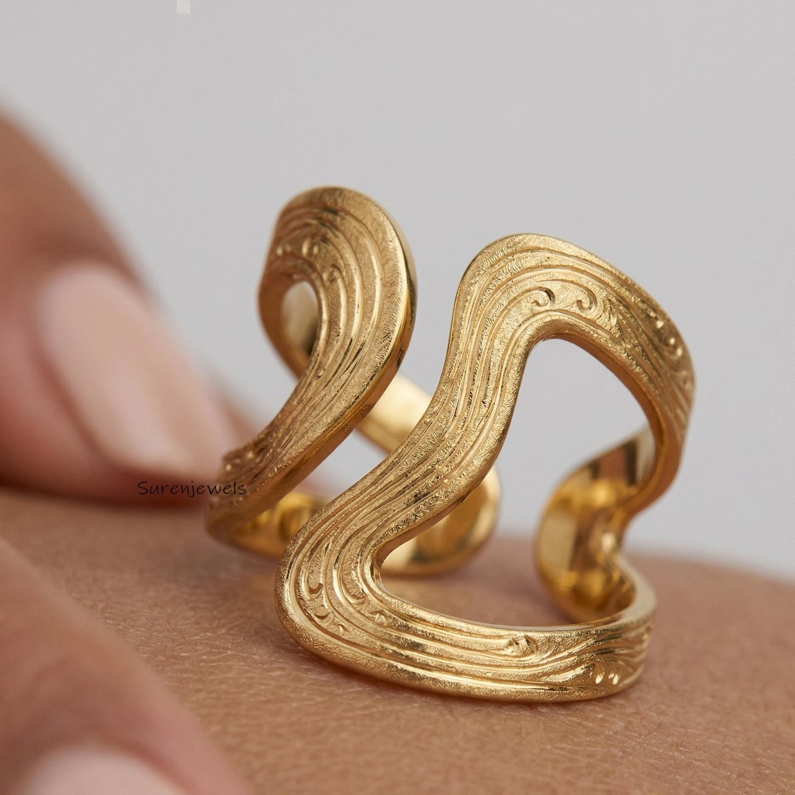 Gold Plated Wave Ring, Architectural Ring, Boho Gold Ring, Handcrafted Textured Ring, Modern Jewelry, Unique Open Band Ring - Gold Plated Wave Ring, Architectural Ring, Boho Gold Ring, Handcrafted Textured Ring, Modern Jewelry, Unique Open Band Ring -