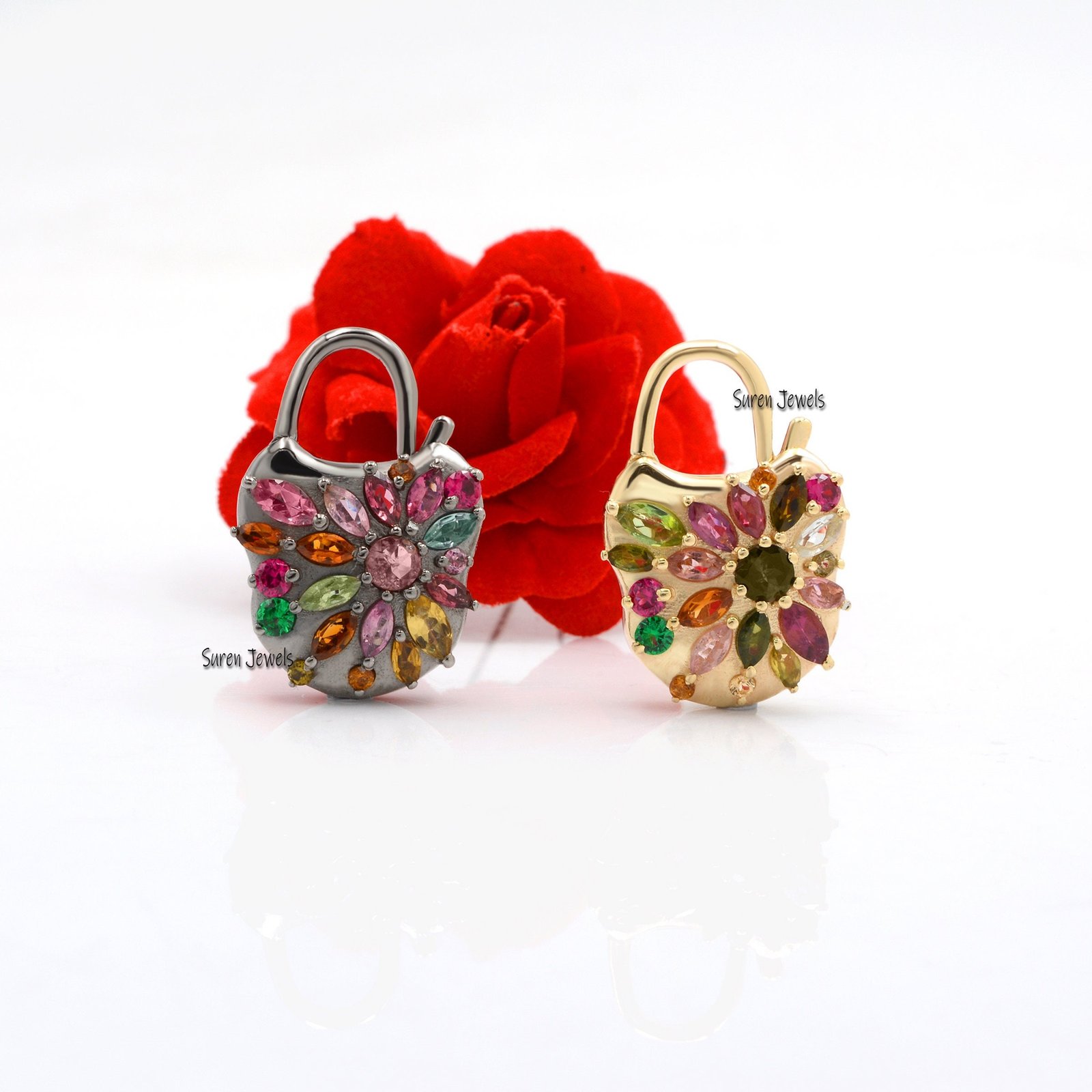 Gold Vermeil Multi Tourmaline Padlock Pendant: 925 Silver Connector - Suren Jewels | SKU: SJP41-SLYGMTTL-N22-18I Gold Vermeil Multi Tourmaline Padlock Pendant: 925 Silver Connector - Suren Jewels | SKU: SJP41-SLYGMTTL-N22-18I