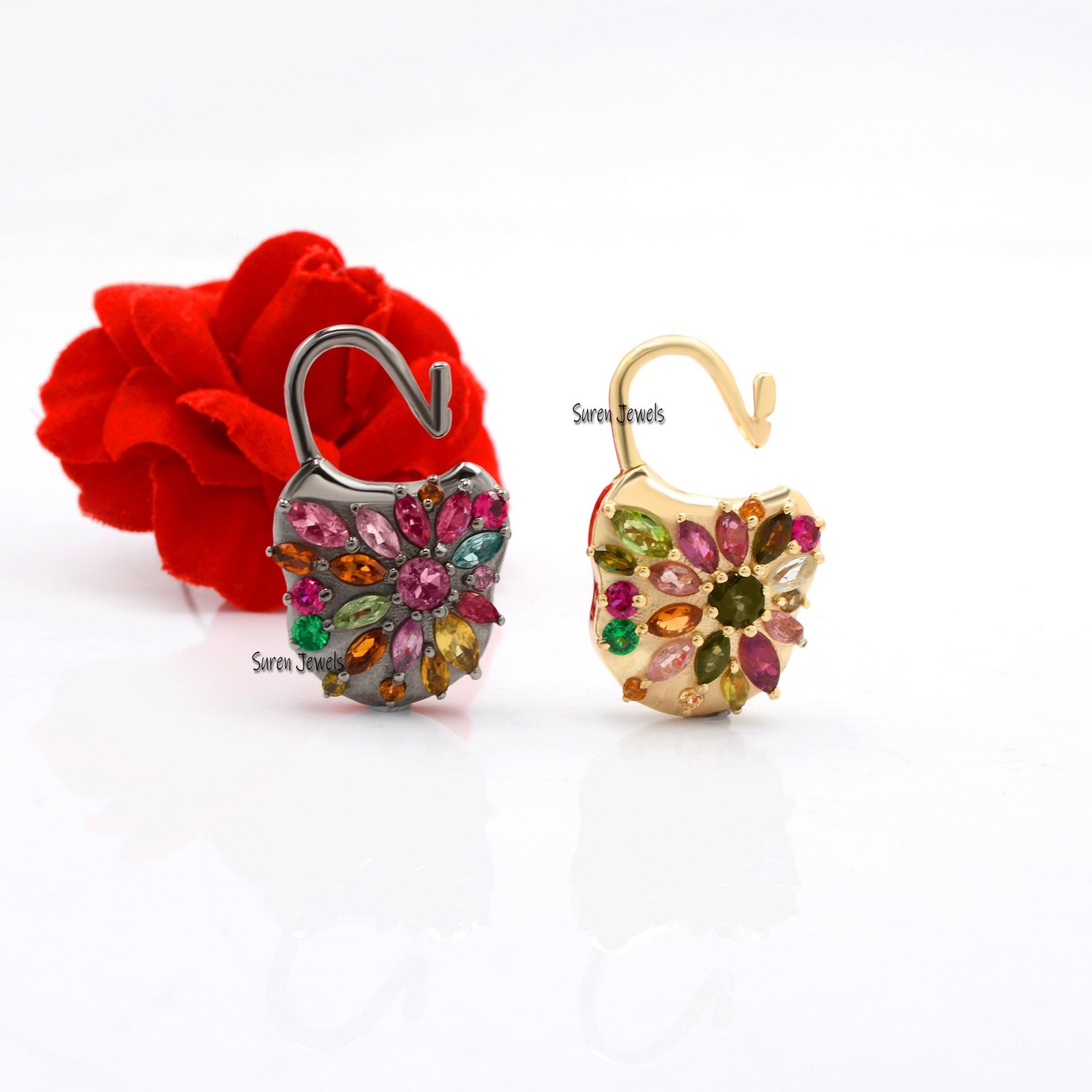 Gold Vermeil Multi Tourmaline Padlock Pendant: 925 Silver Connector - View 2 - Suren Jewels | SKU: SJP41-SLYGMTTL-N22-18I Gold Vermeil Multi Tourmaline Padlock Pendant: 925 Silver Connector - View 2 - Suren Jewels | SKU: SJP41-SLYGMTTL-N22-18I