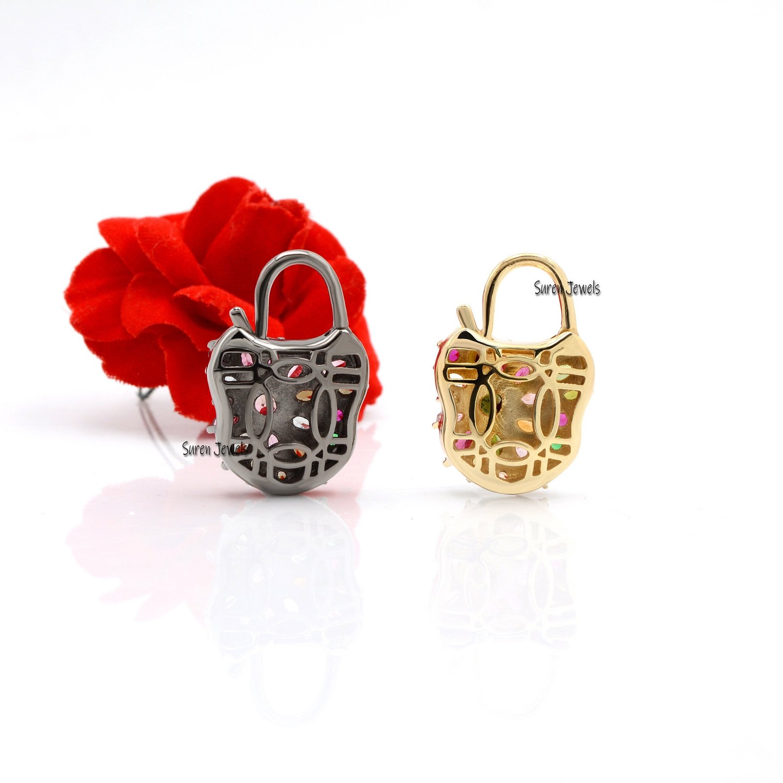 Gold Vermeil Multi Tourmaline Padlock Pendant: 925 Silver Connector - View 3 - Suren Jewels | SKU: SJP41-SLYGMTTL-N22-18I Gold Vermeil Multi Tourmaline Padlock Pendant: 925 Silver Connector - View 3 - Suren Jewels | SKU: SJP41-SLYGMTTL-N22-18I