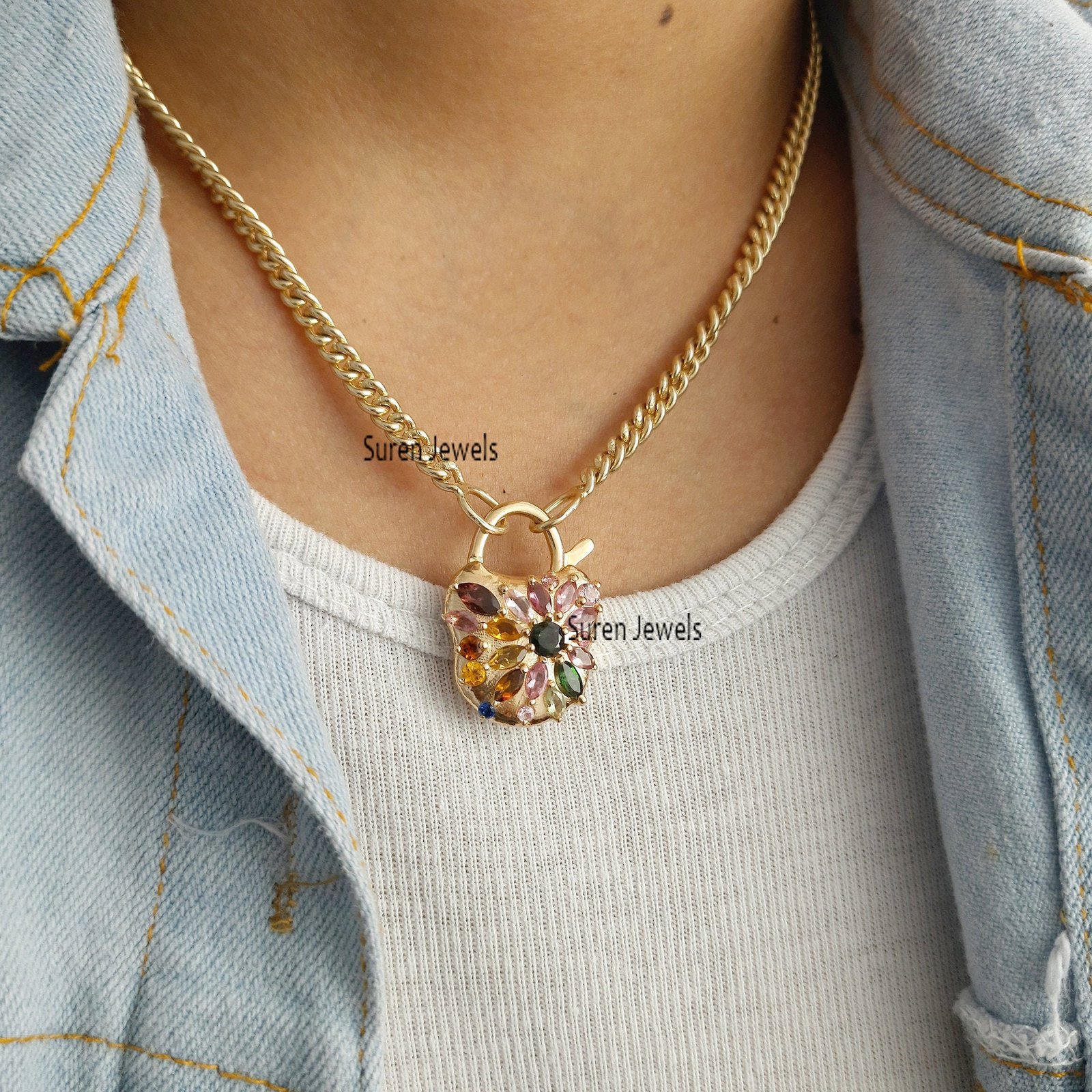 Gold Vermeil Multi Tourmaline Padlock Pendant: 925 Silver Connector - View 4 - Suren Jewels | SKU: SJP41-SLYGMTTL-N22-18I Gold Vermeil Multi Tourmaline Padlock Pendant: 925 Silver Connector - View 4 - Suren Jewels | SKU: SJP41-SLYGMTTL-N22-18I