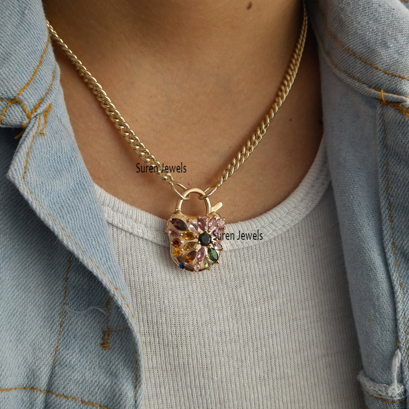 Gold Vermeil Multi Tourmaline Padlock Pendant: 925 Silver Connector - View 5 - Suren Jewels | SKU: SJP41-SLYGMTTL-N22-18I Gold Vermeil Multi Tourmaline Padlock Pendant: 925 Silver Connector - View 5 - Suren Jewels | SKU: SJP41-SLYGMTTL-N22-18I