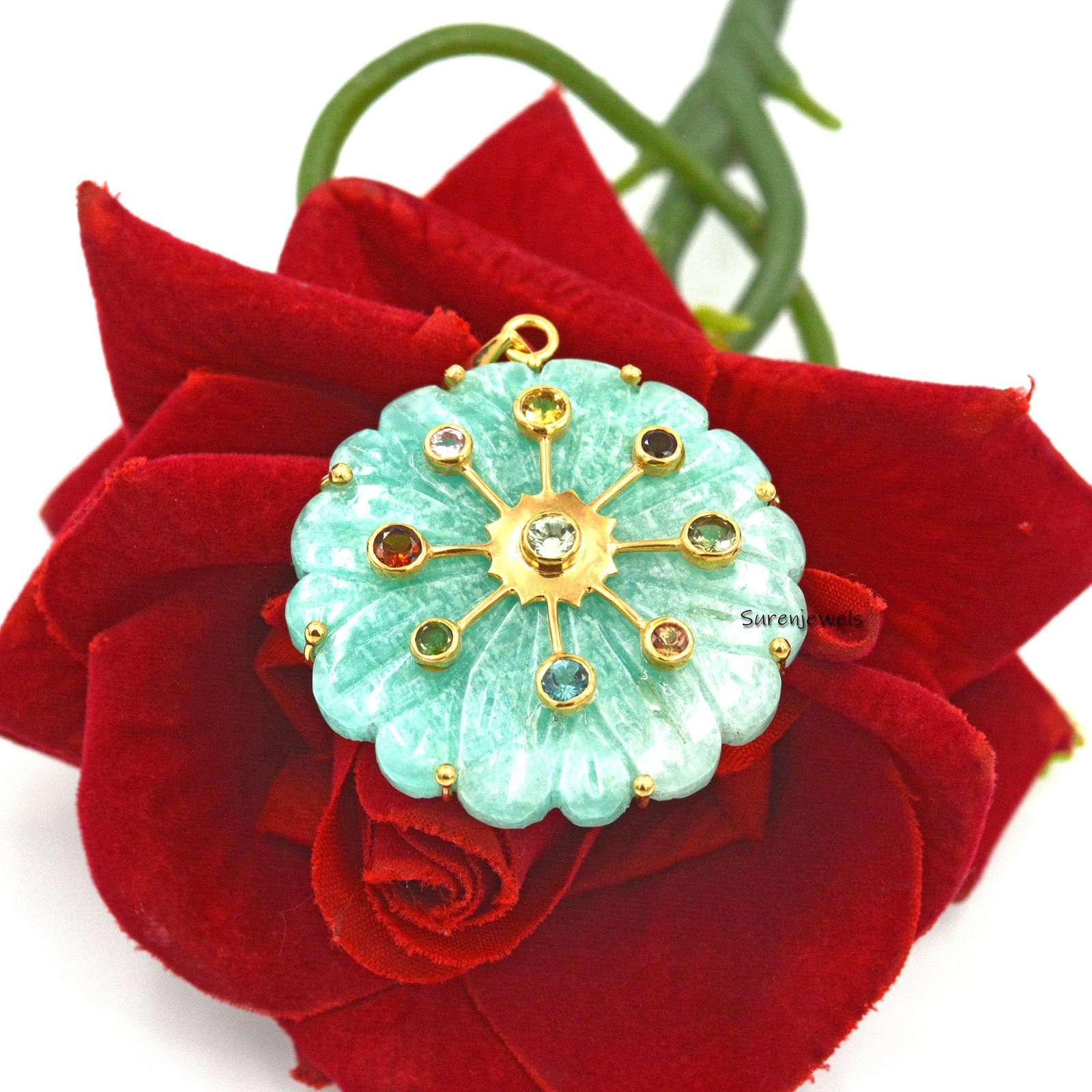 Hand Carved 14K Gold Flower Pendant: Gemstone Accent - View 2 - Suren Jewels | SKU: SJP1601 Hand Carved 14K Gold Flower Pendant: Gemstone Accent - View 2 - Suren Jewels | SKU: SJP1601