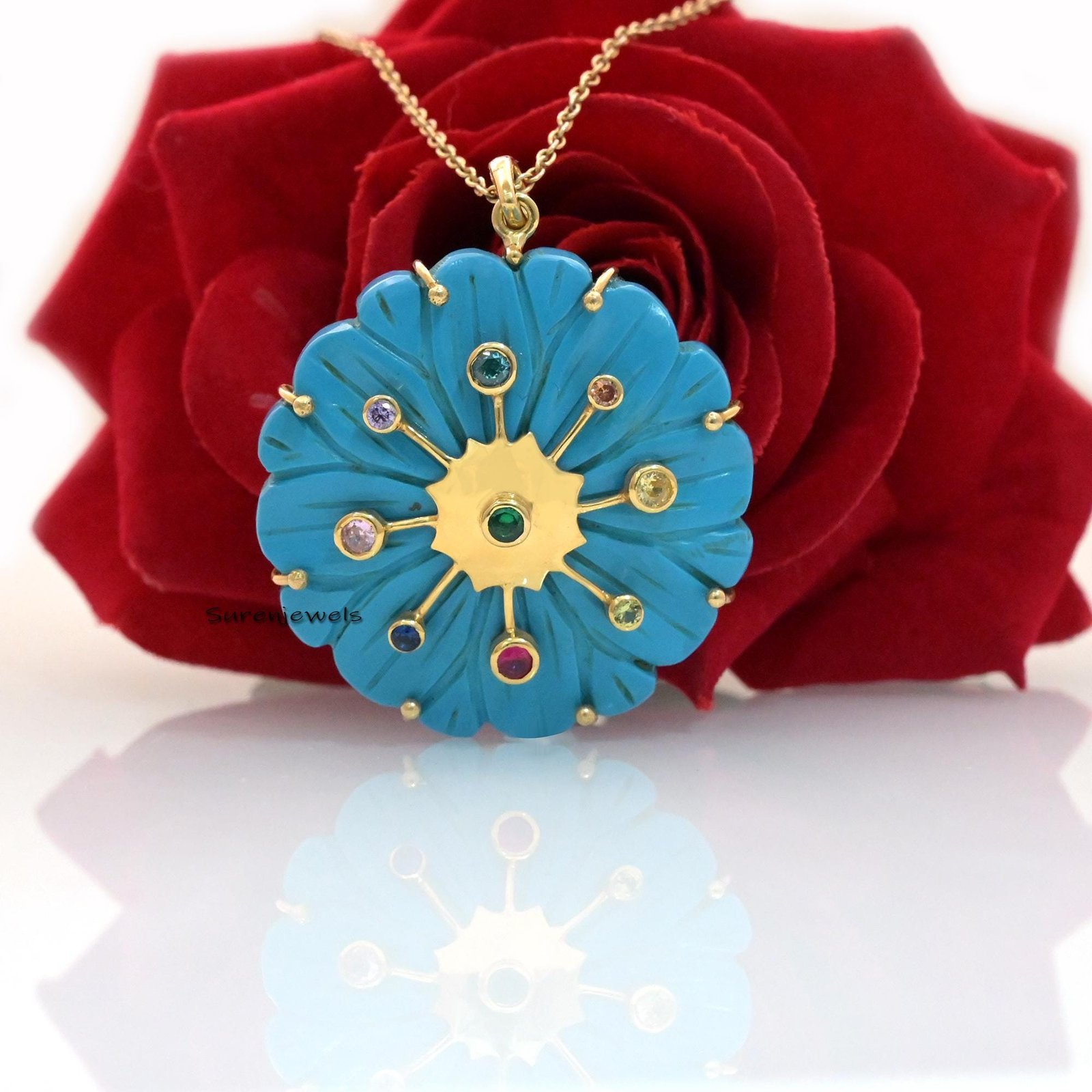 Hand Carved 14K Gold Flower Pendant: Gemstone Accent - View 3 - Suren Jewels | SKU: SJP1601 Hand Carved 14K Gold Flower Pendant: Gemstone Accent - View 3 - Suren Jewels | SKU: SJP1601