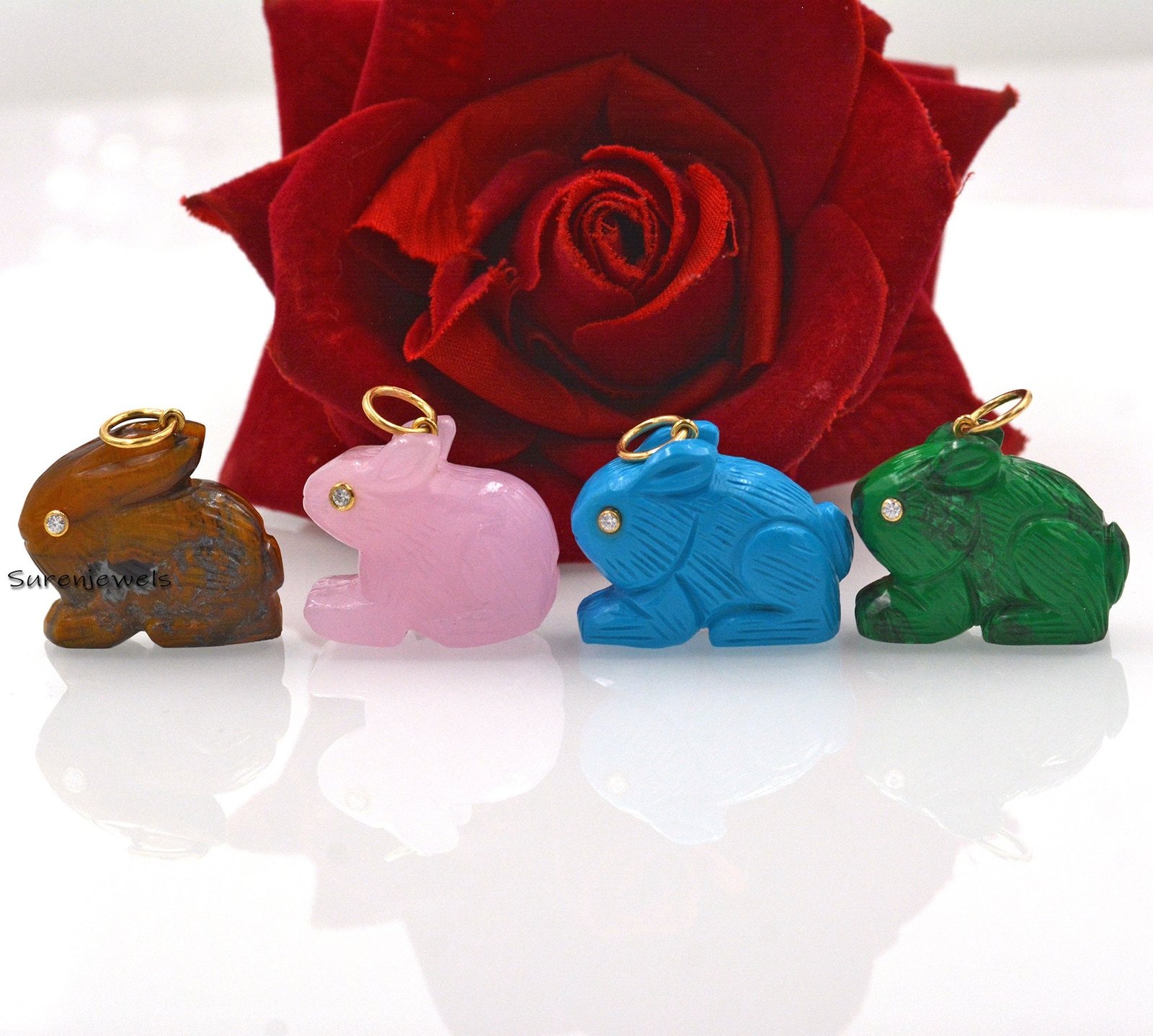Hand Carved 14k Gold Gemstone Bunny Pendant: Handmade Rabbit Charm - Suren Jewels | SKU: SJP1503-SLYGRQ Hand Carved 14k Gold Gemstone Bunny Pendant: Handmade Rabbit Charm - Suren Jewels | SKU: SJP1503-SLYGRQ