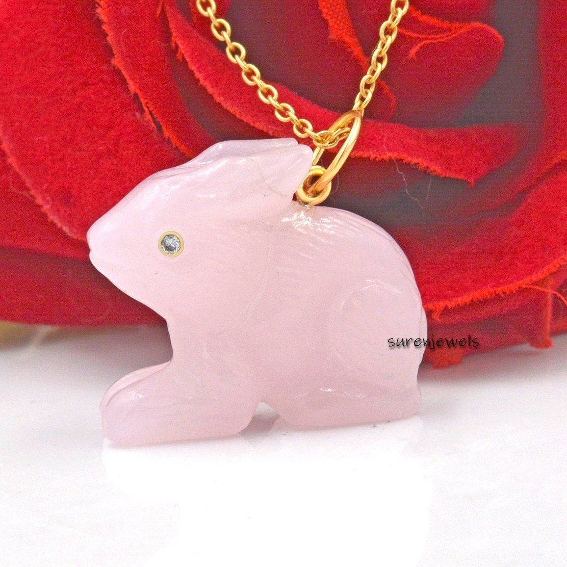 Hand Carved 14k Gold Gemstone Bunny Pendant: Handmade Rabbit Charm - View 2 - Suren Jewels | SKU: SJP1503-SLYGRQ Hand Carved 14k Gold Gemstone Bunny Pendant: Handmade Rabbit Charm - View 2 - Suren Jewels | SKU: SJP1503-SLYGRQ