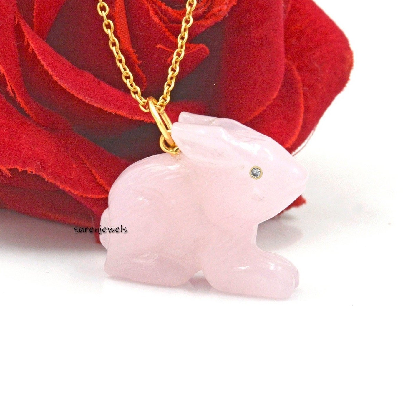 Hand Carved 14k Gold Gemstone Bunny Pendant: Handmade Rabbit Charm - View 3 - Suren Jewels | SKU: SJP1503-SLYGRQ Hand Carved 14k Gold Gemstone Bunny Pendant: Handmade Rabbit Charm - View 3 - Suren Jewels | SKU: SJP1503-SLYGRQ