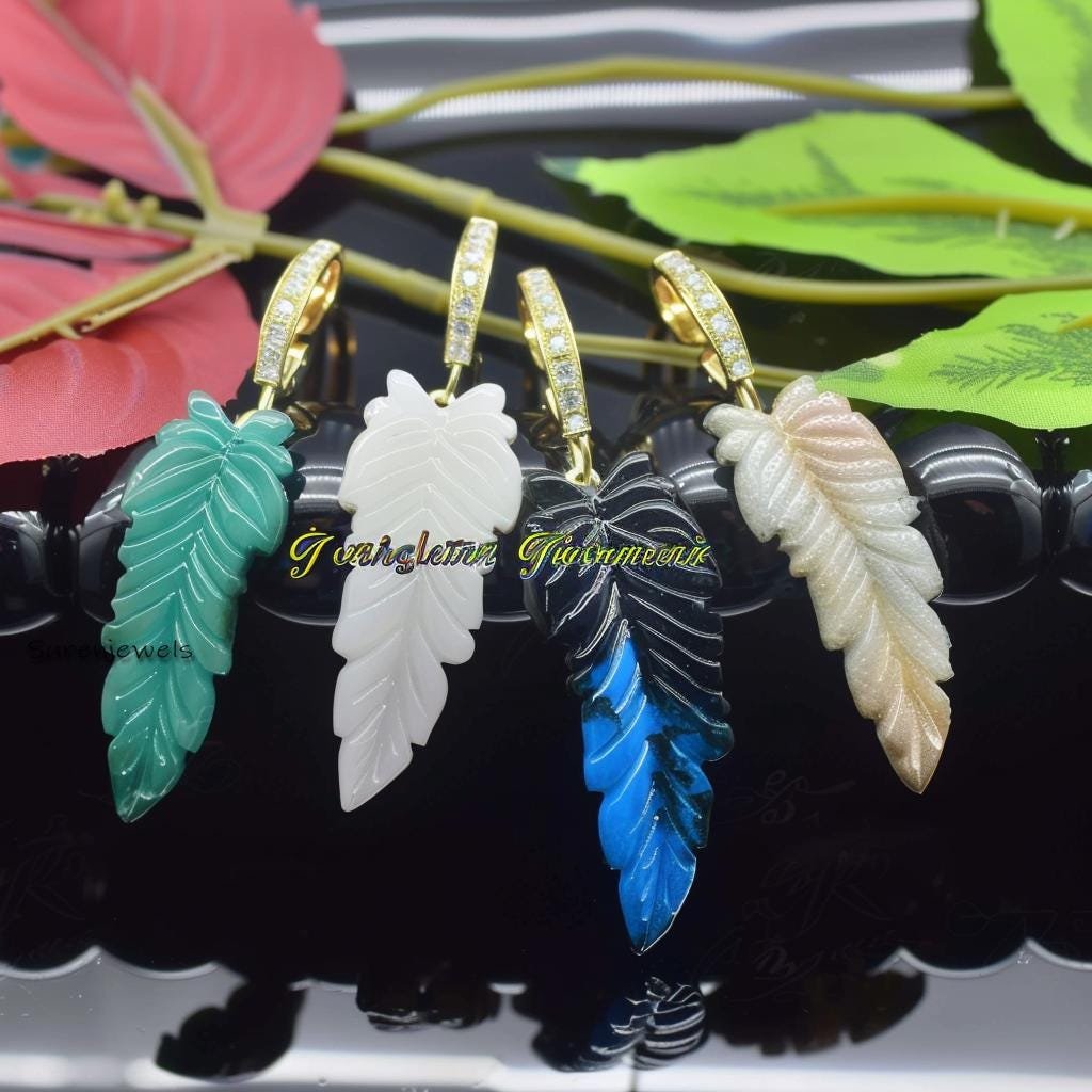 hand Carved 14k Gold Gemstone Leaf Pendant: 925 Sterling Silver Charm - Suren Jewels | SKU: SJP hand Carved 14k Gold Gemstone Leaf Pendant: 925 Sterling Silver Charm - Suren Jewels | SKU: SJP