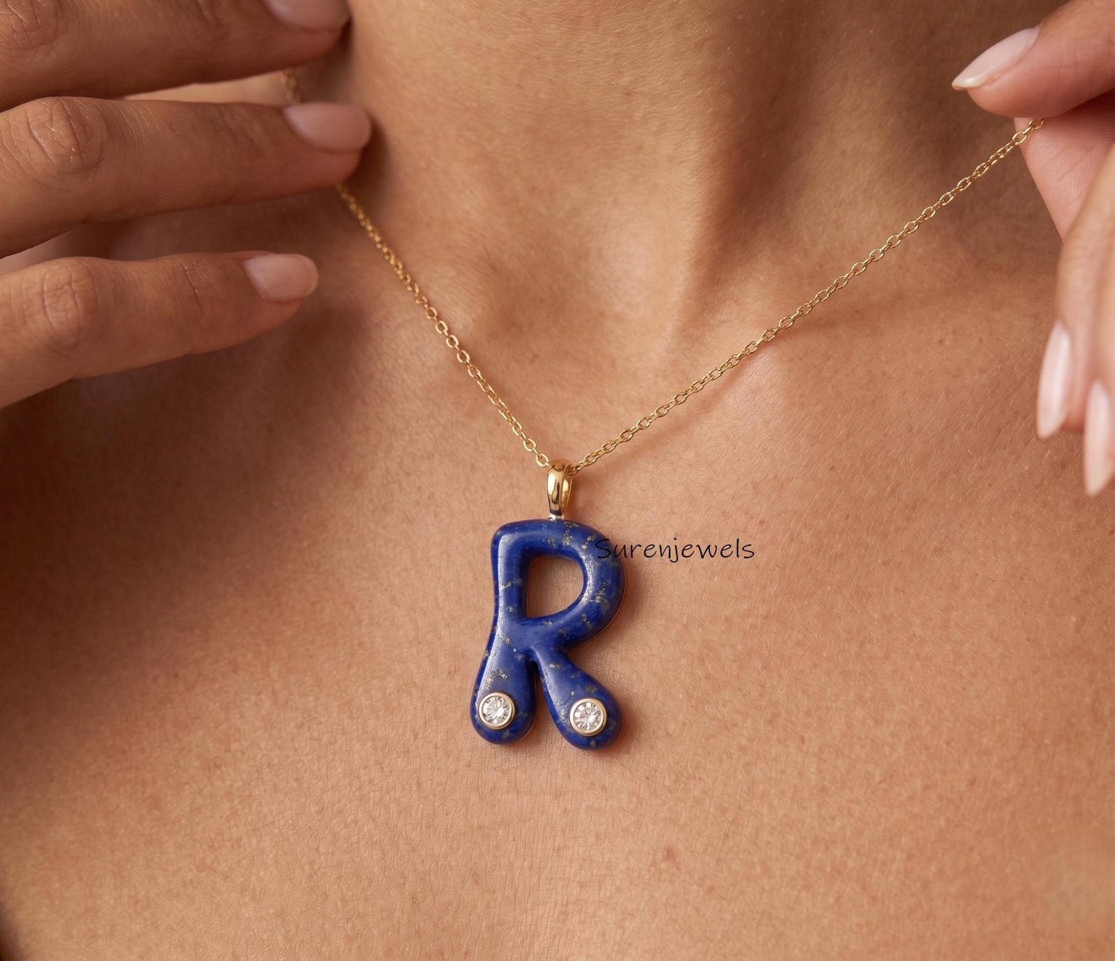 Hand Carved 14k Gold Gemstone Letter Pendant, Carving Stone Initial Pendant, Handmade Designer Jewelry - Suren Jewels | SKU: Hand Carved 14k Gold Gemstone Letter Pendant, Carving Stone Initial Pendant, Handmade Designer Jewelry - Suren Jewels | SKU: