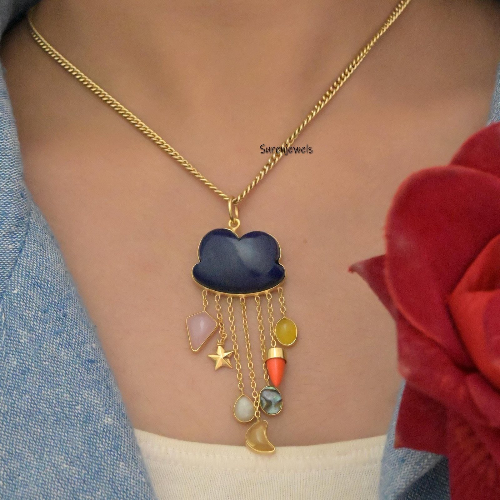Hand Carved 14K Gold Gemstone Rainy Cloud Pendant - Suren Jewels | SKU: SJP2667-SLYGMSMT Hand Carved 14K Gold Gemstone Rainy Cloud Pendant - Suren Jewels | SKU: SJP2667-SLYGMSMT